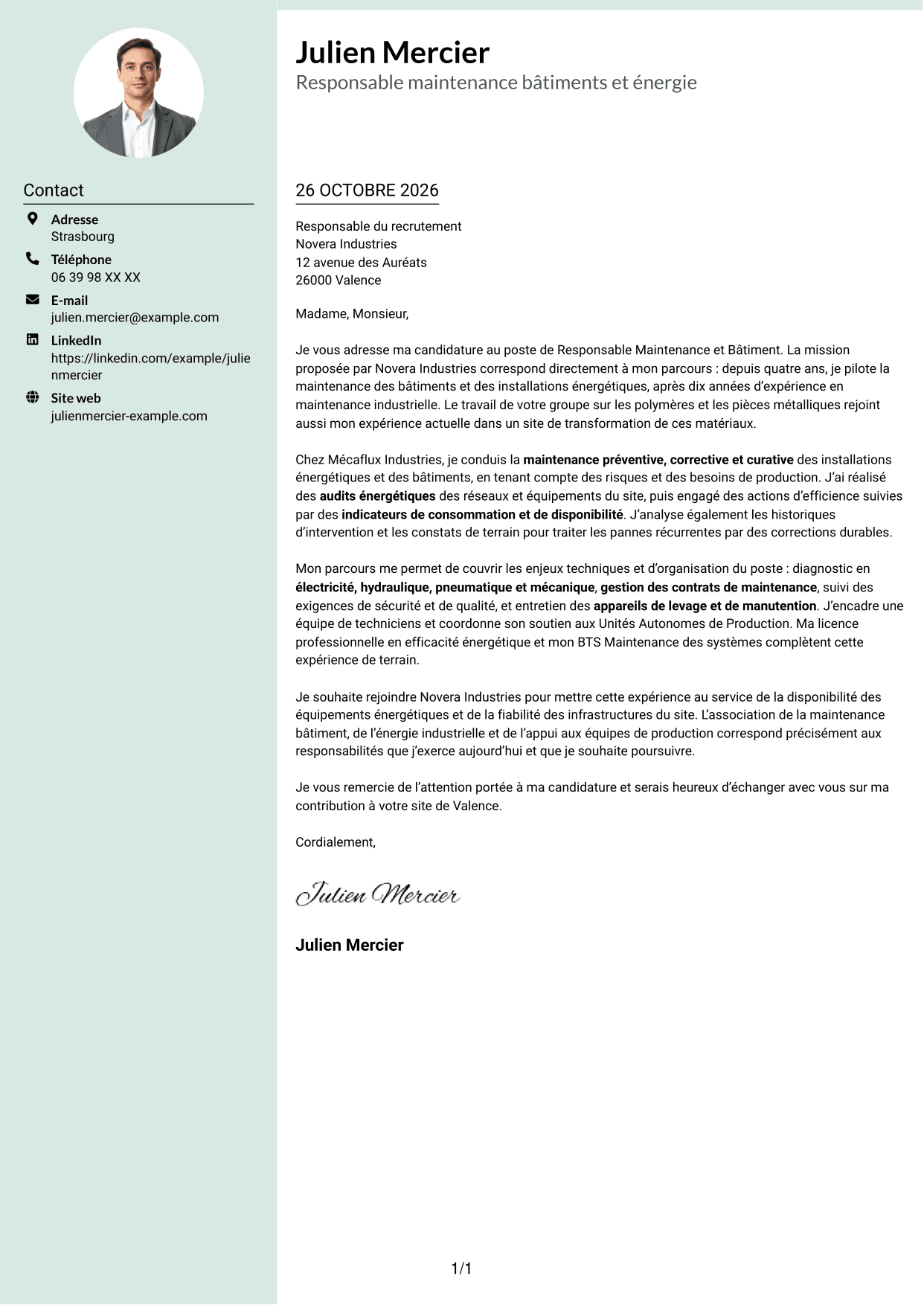 Lettre de motivation Cadre (format à colonne latérale douce avec photo arrondie) : Responsable Maintenance et Bâtiment - Énergie industrielle, page 1