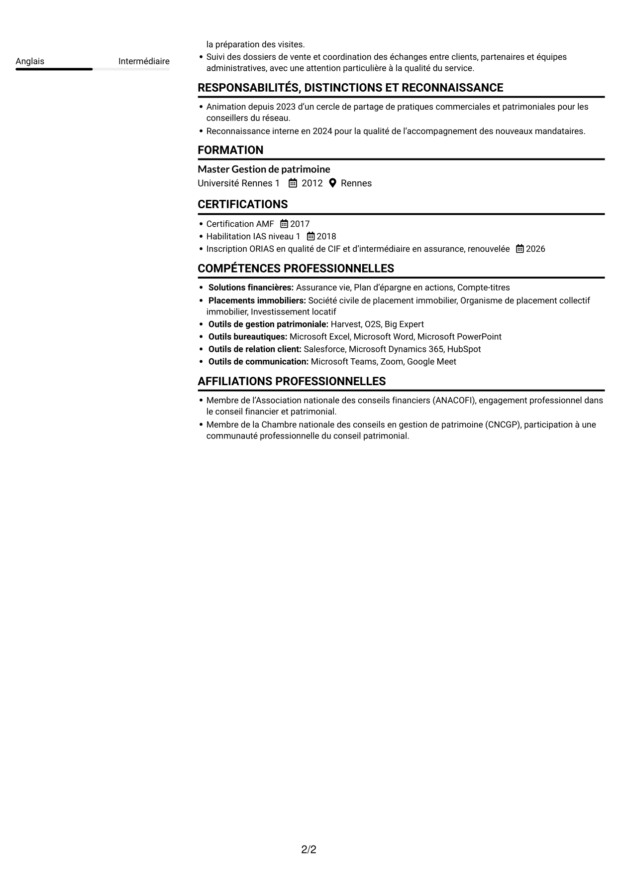 CV Compact (format sobre à deux colonnes avec photo) : Responsable régional - Gestion de patrimoine, page 2