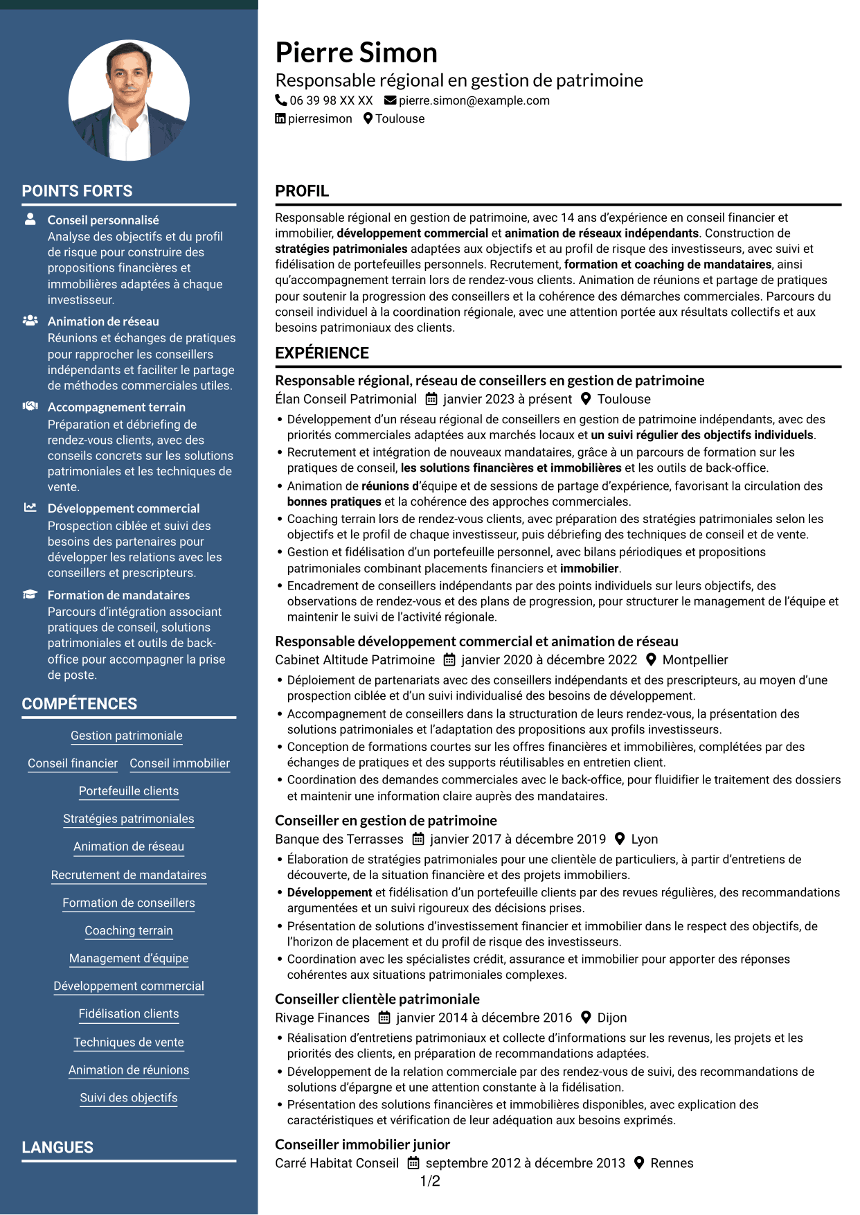 CV Élégant (format à colonne latérale colorée avec photo) : Responsable régional - Gestion de patrimoine, page 1