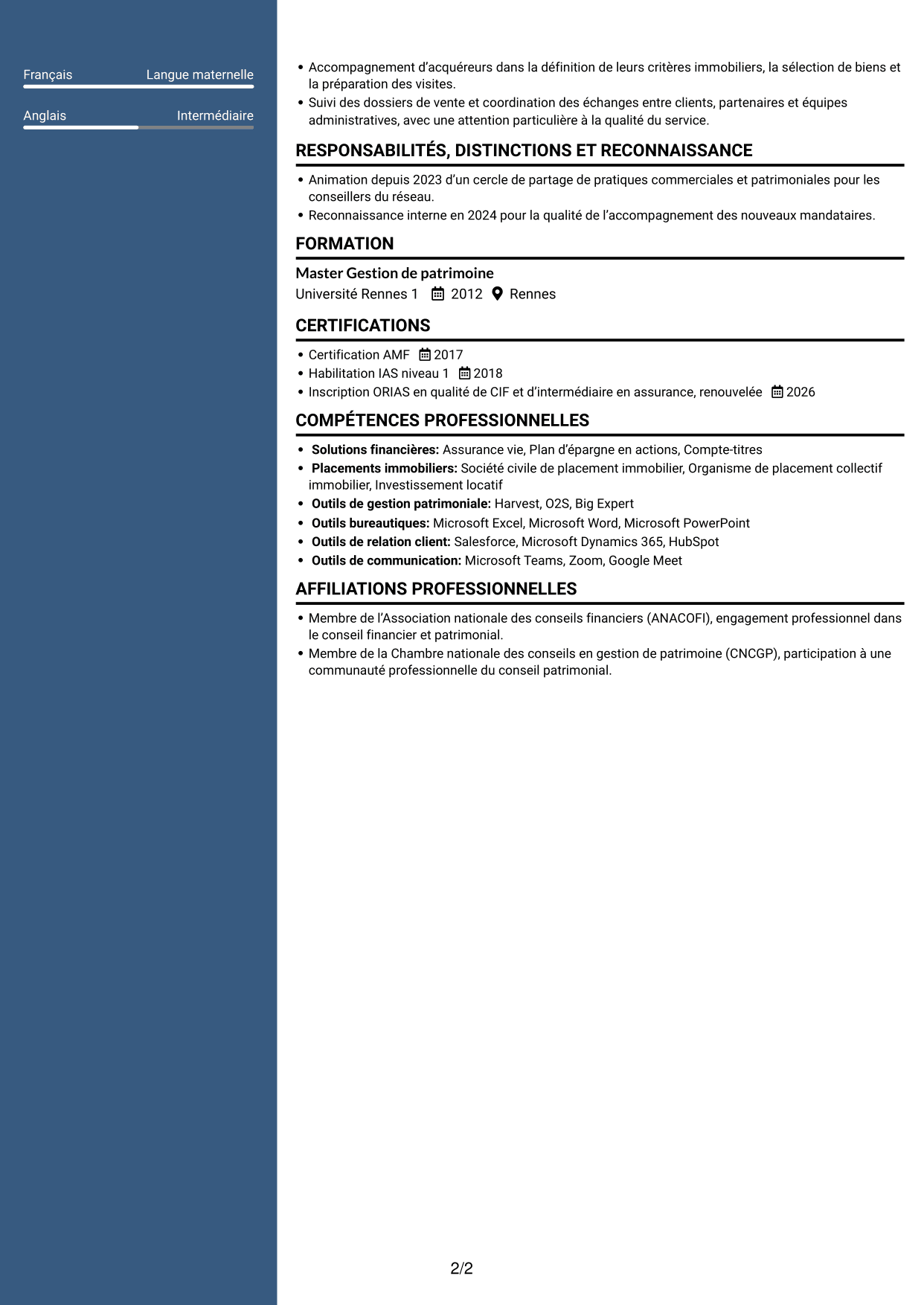 CV Élégant (format à colonne latérale colorée avec photo) : Responsable régional - Gestion de patrimoine, page 2