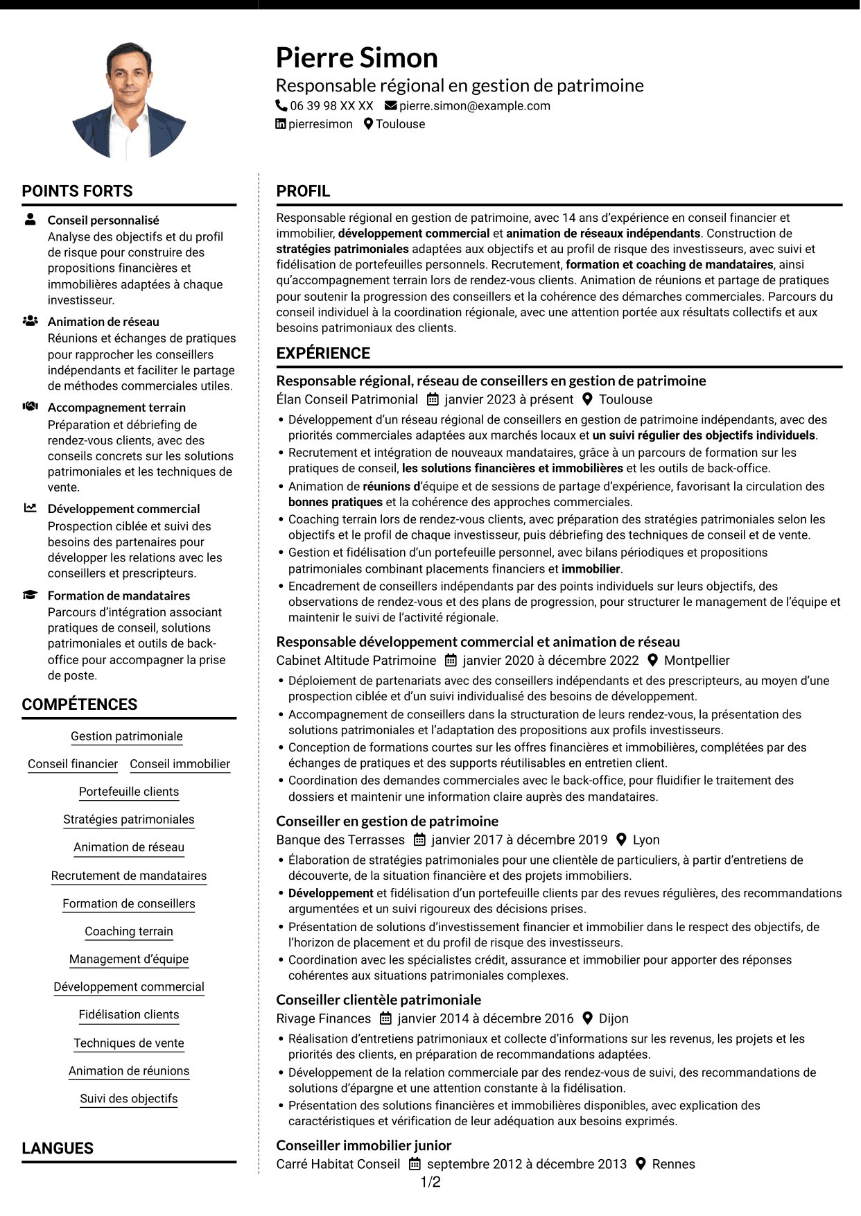 CV Moderne (format à deux colonnes avec photo à gauche et séparateur) : Responsable régional - Gestion de patrimoine, page 1