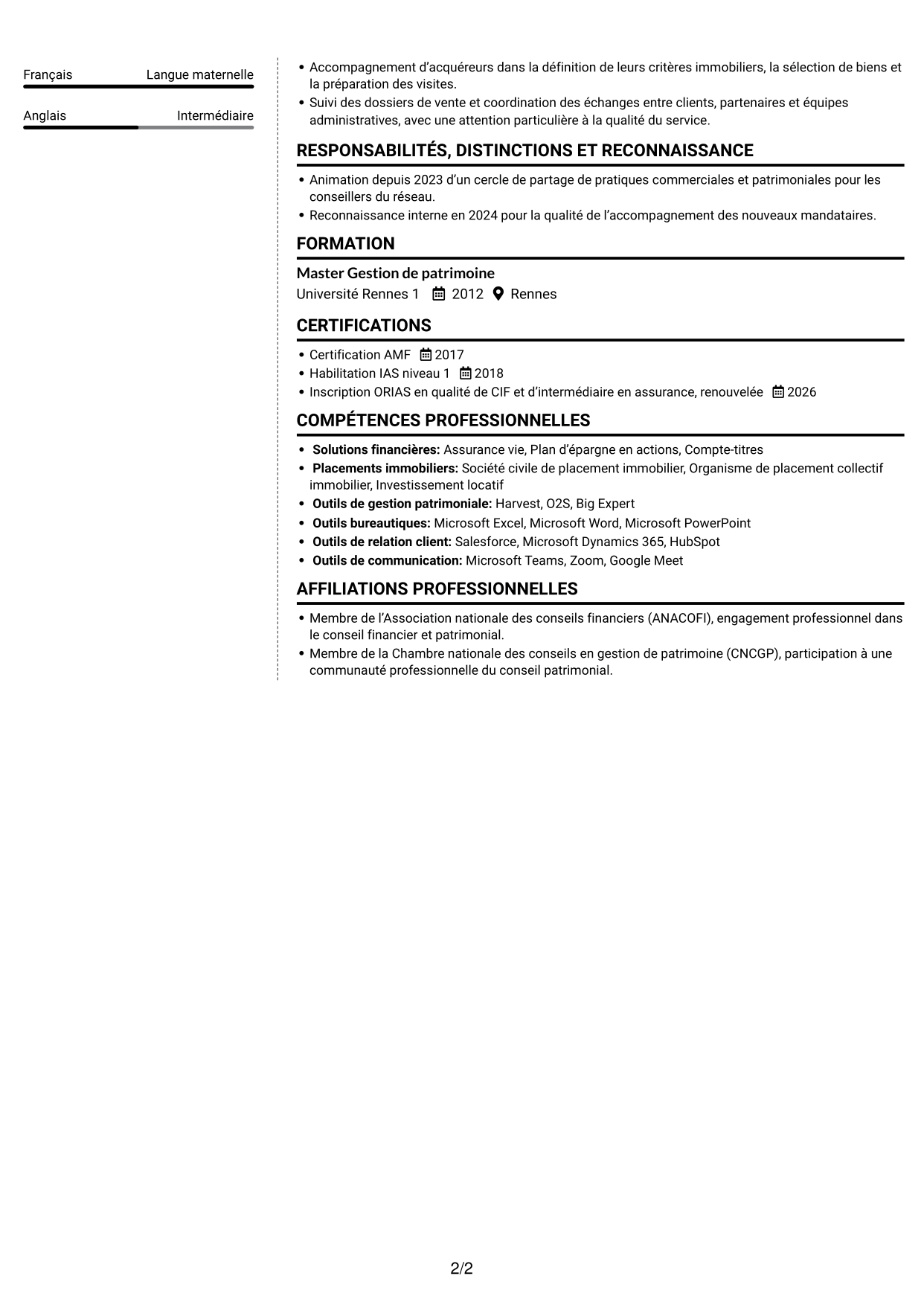 CV Moderne (format à deux colonnes avec photo à gauche et séparateur) : Responsable régional - Gestion de patrimoine, page 2