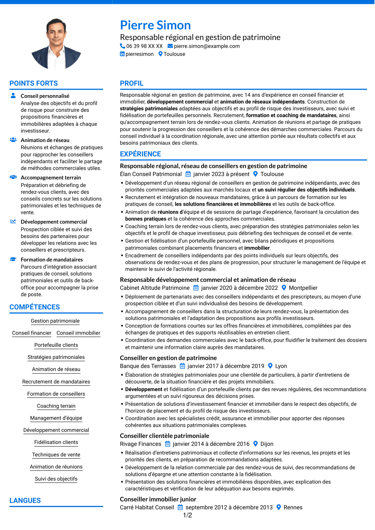CV Audacieux (format à deux colonnes avec accents colorés et photo) : Responsable régional - Gestion de patrimoine, page 1