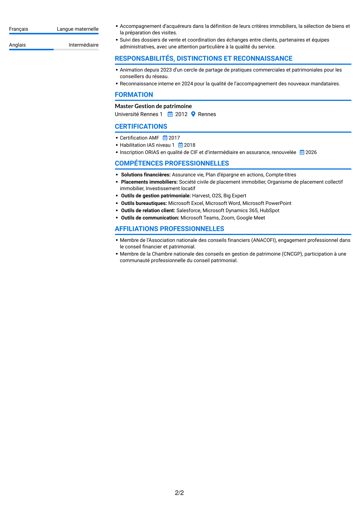 CV Audacieux (format à deux colonnes avec accents colorés et photo) : Responsable régional - Gestion de patrimoine, page 2
