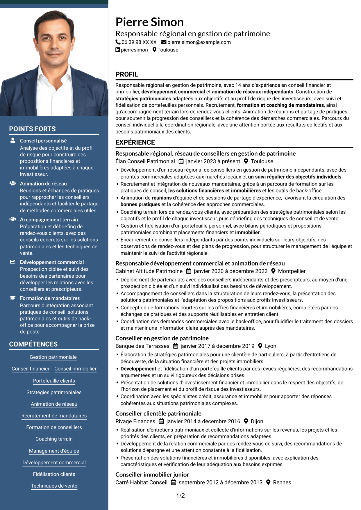 CV Signature (format à colonne latérale colorée avec grande photo) : Responsable régional - Gestion de patrimoine, page 1