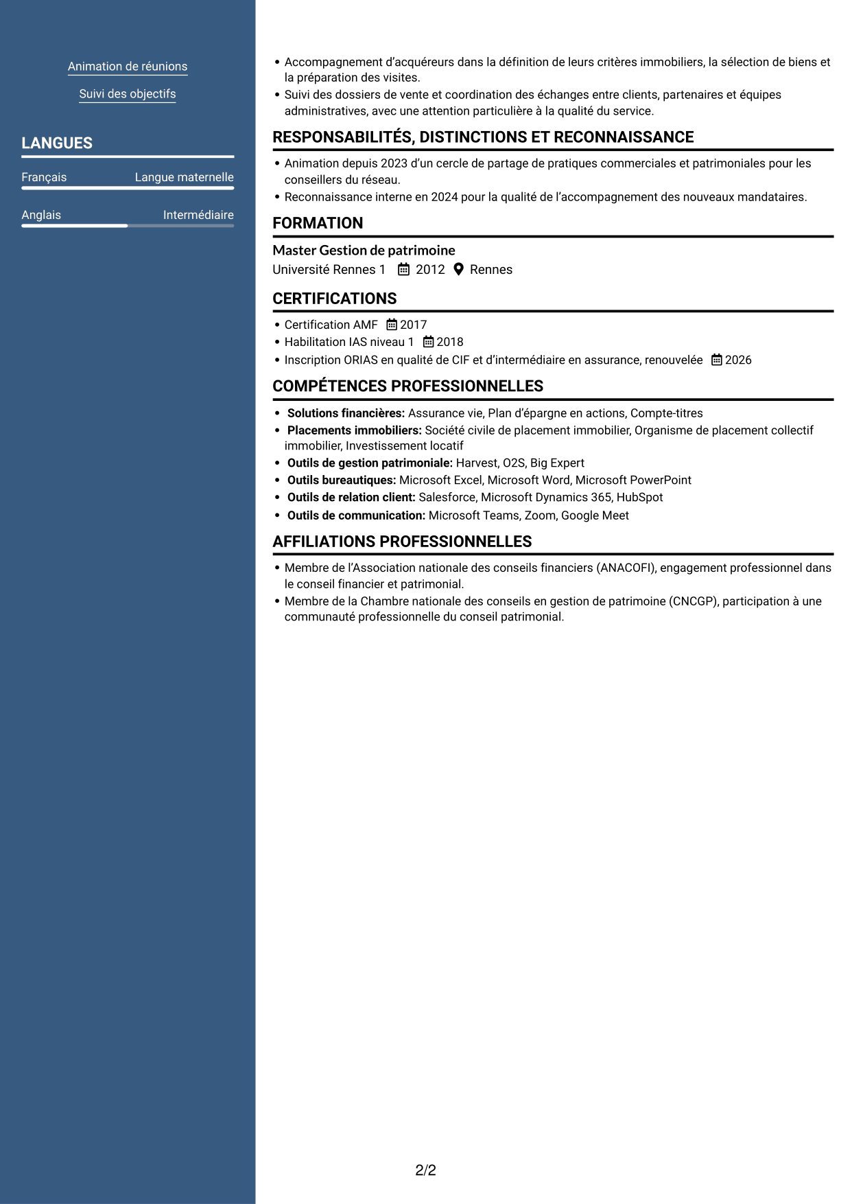 CV Signature (format à colonne latérale colorée avec grande photo) : Responsable régional - Gestion de patrimoine, page 2