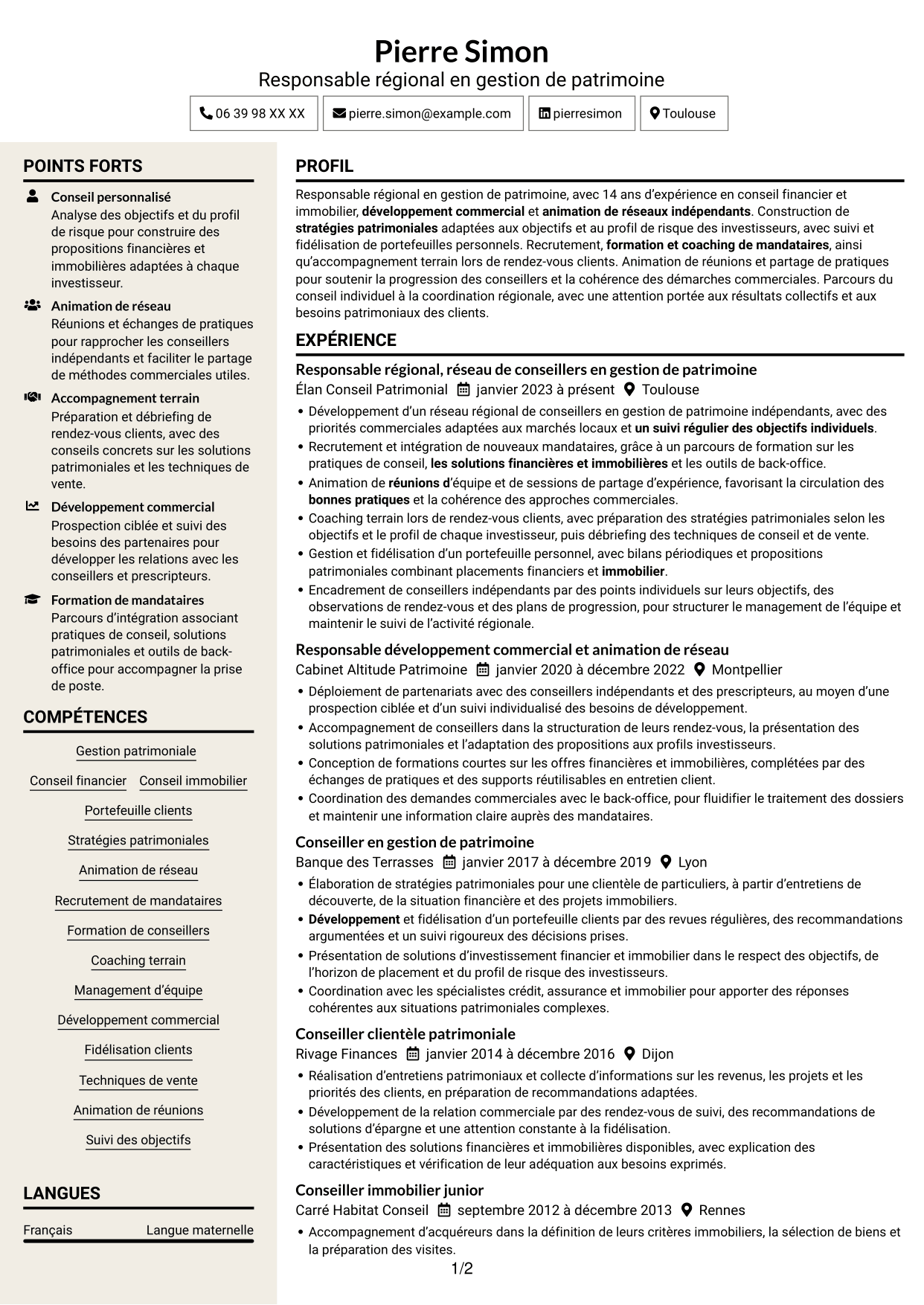 CV Fonceur (format à deux colonnes avec en-tête centré sans photo) : Responsable régional - Gestion de patrimoine, page 1