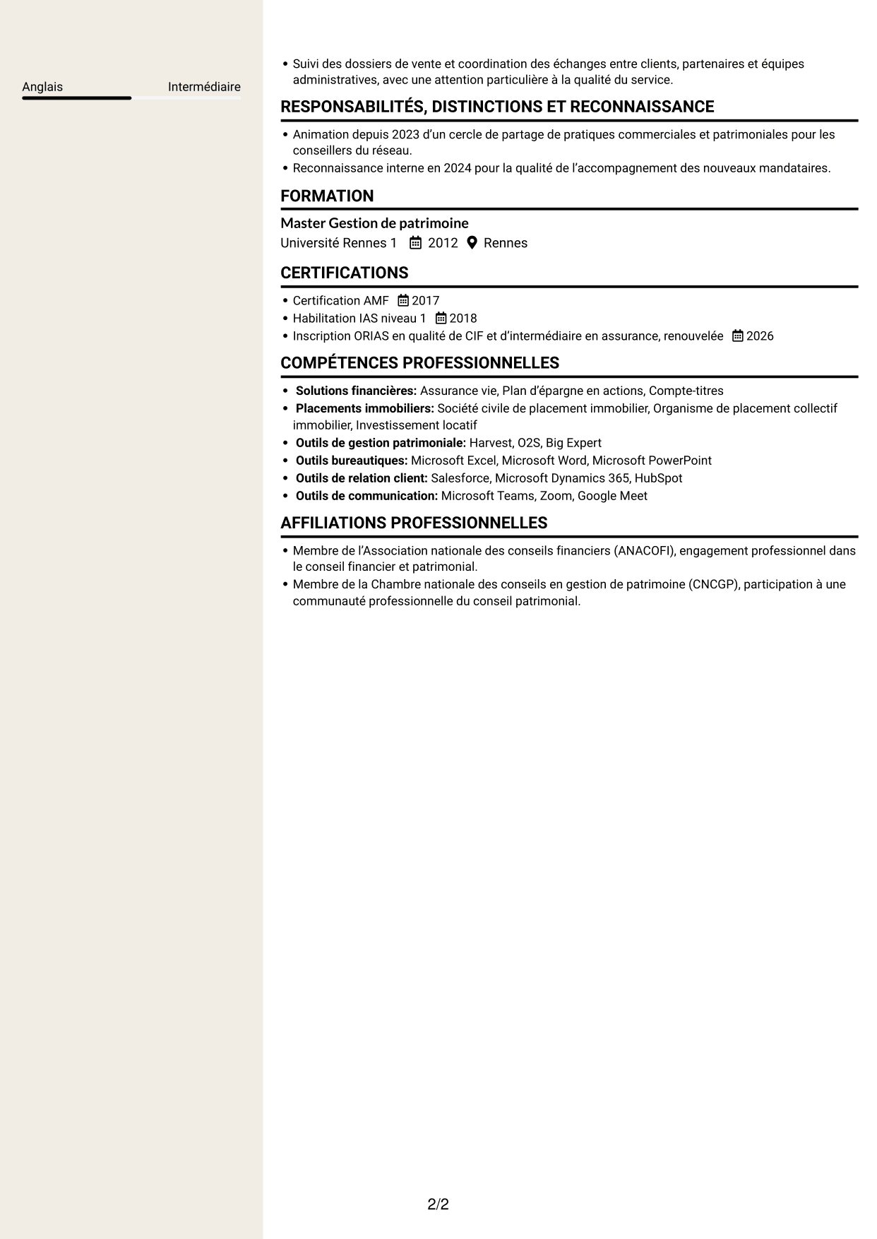 CV Fonceur (format à deux colonnes avec en-tête centré sans photo) : Responsable régional - Gestion de patrimoine, page 2