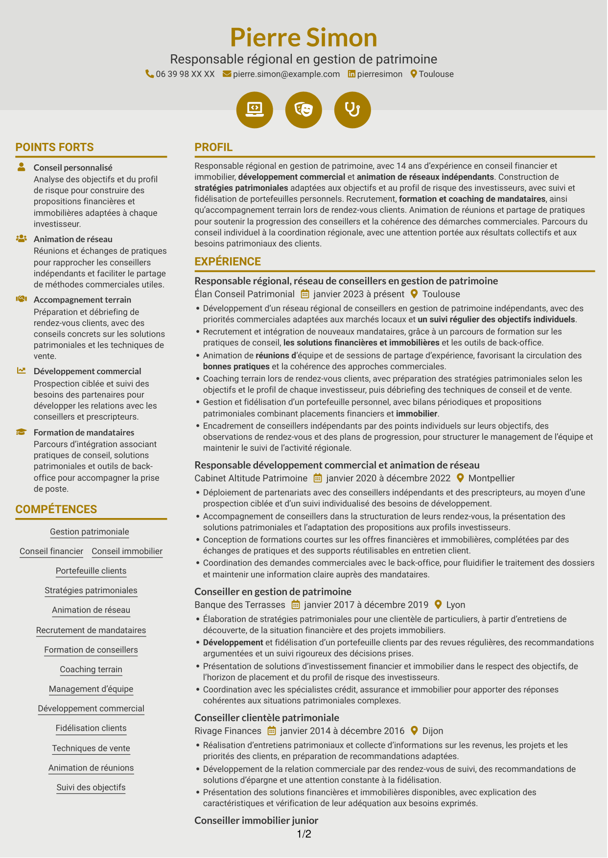 CV Dynamique (format à deux colonnes avec icônes) : Responsable régional - Gestion de patrimoine, page 1
