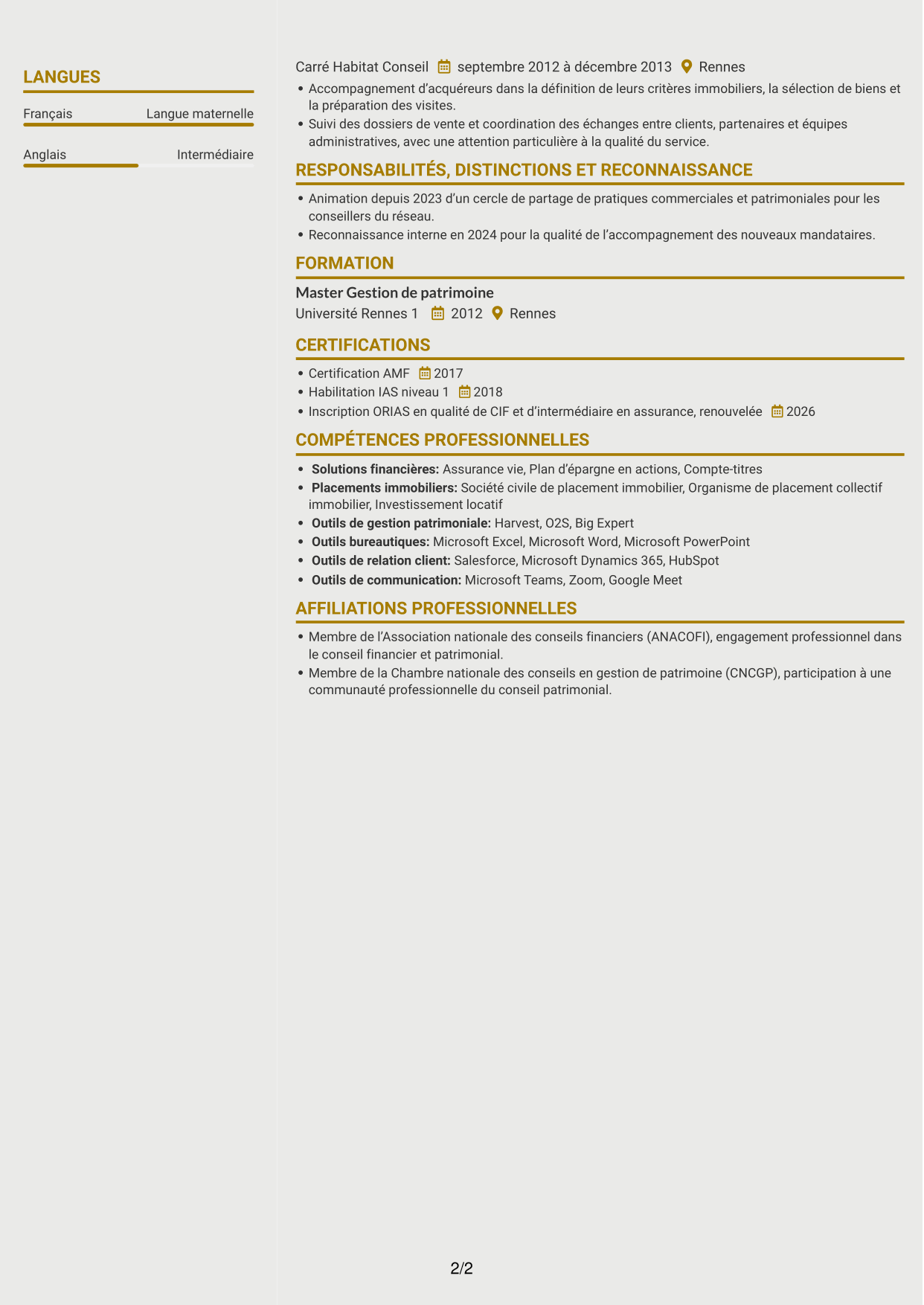 CV Dynamique (format à deux colonnes avec icônes) : Responsable régional - Gestion de patrimoine, page 2