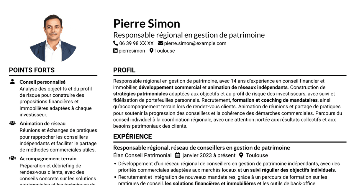 7 modèles de CV pour Responsable régional - Gestion de patrimoine, avec exemples