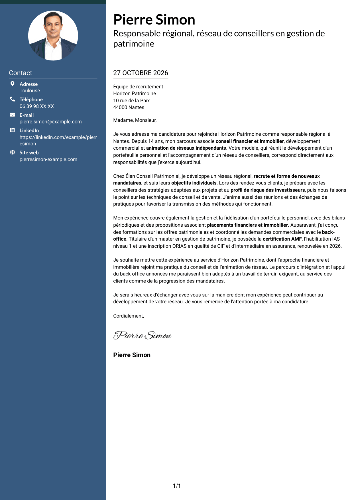 Lettre de motivation Élégant (format à colonne latérale colorée avec photo) : Responsable régional - Gestion de patrimoine, page 1