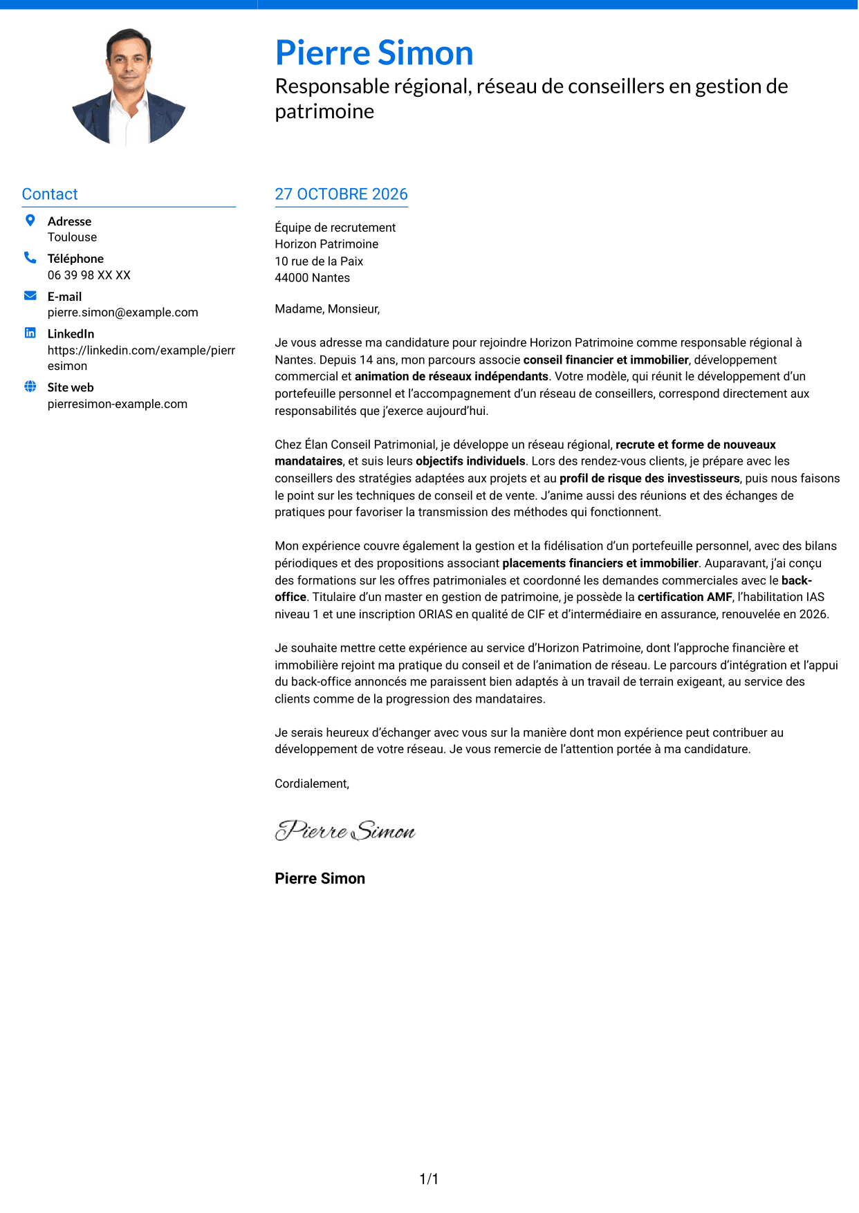 Lettre de motivation Audacieux (format à deux colonnes avec accents colorés et photo) : Responsable régional - Gestion de patrimoine, page 1