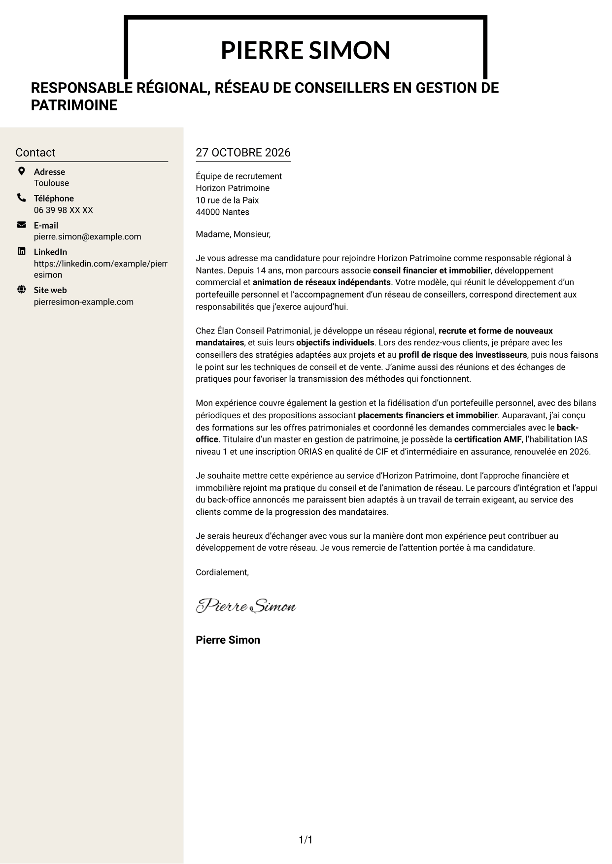 Lettre de motivation Fonceur (format à deux colonnes avec en-tête centré sans photo) : Responsable régional - Gestion de patrimoine, page 1