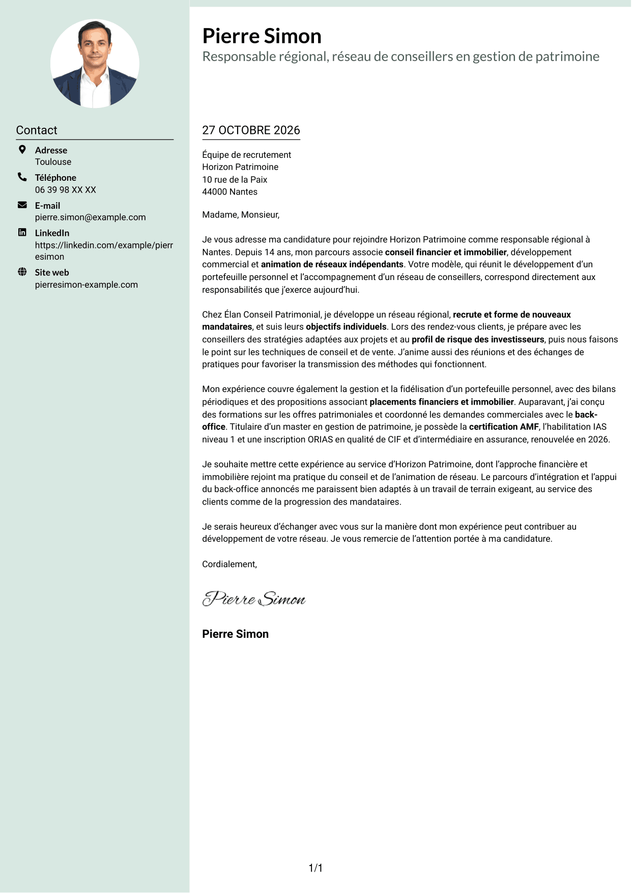 Lettre de motivation Cadre (format à colonne latérale douce avec photo arrondie) : Responsable régional - Gestion de patrimoine, page 1