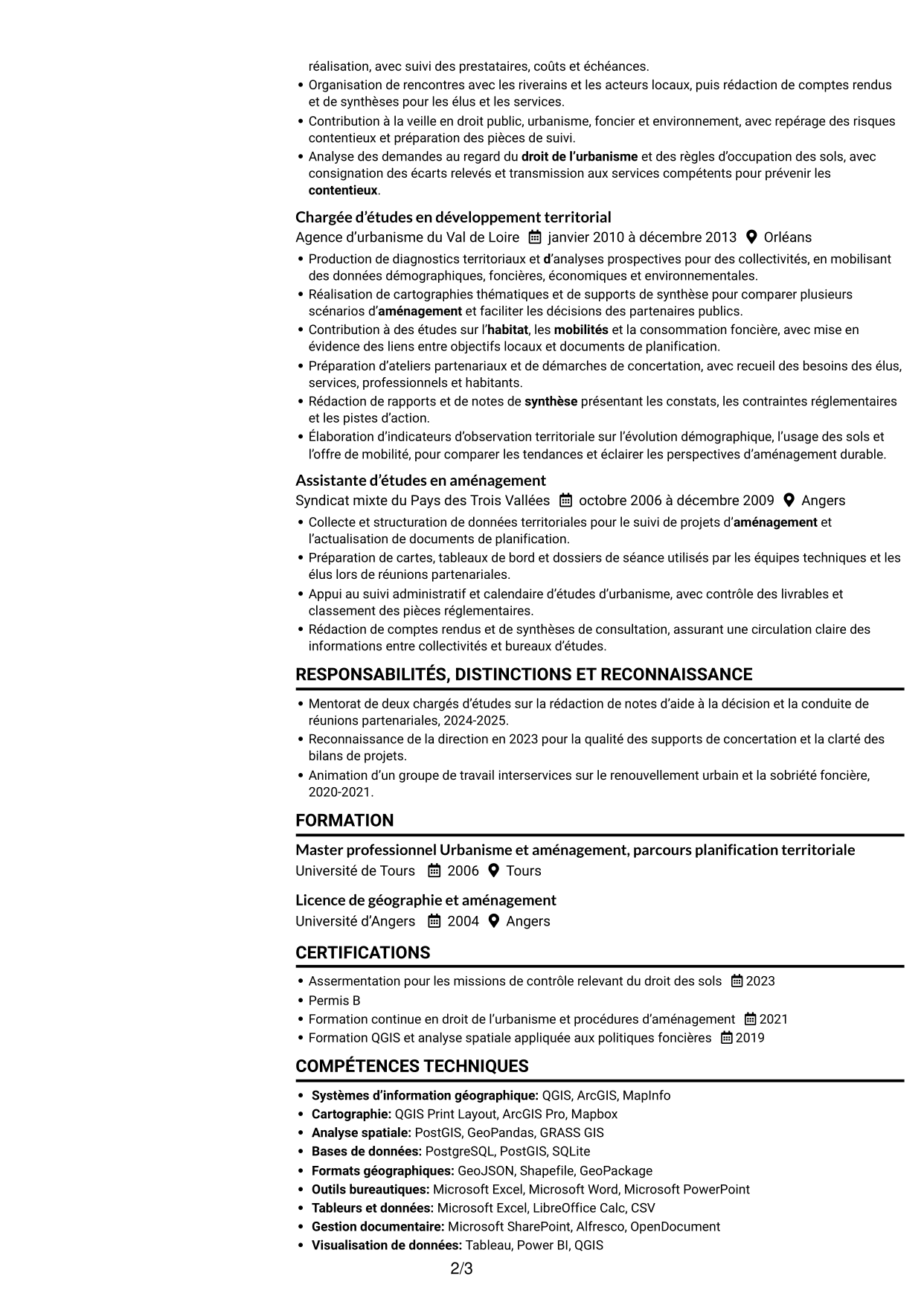 CV Compact (format sobre à deux colonnes avec photo) : Responsable urbanisme - Aménagement durable et planification, page 2