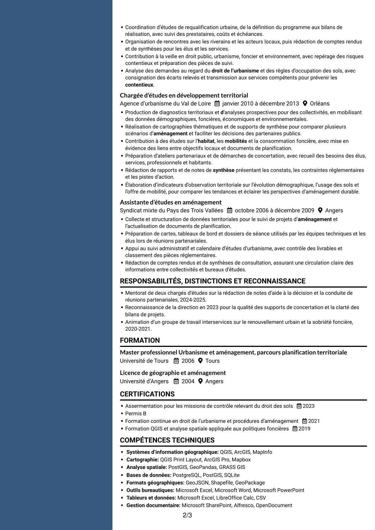 CV Élégant (format à colonne latérale colorée avec photo) : Responsable urbanisme - Aménagement durable et planification, page 2