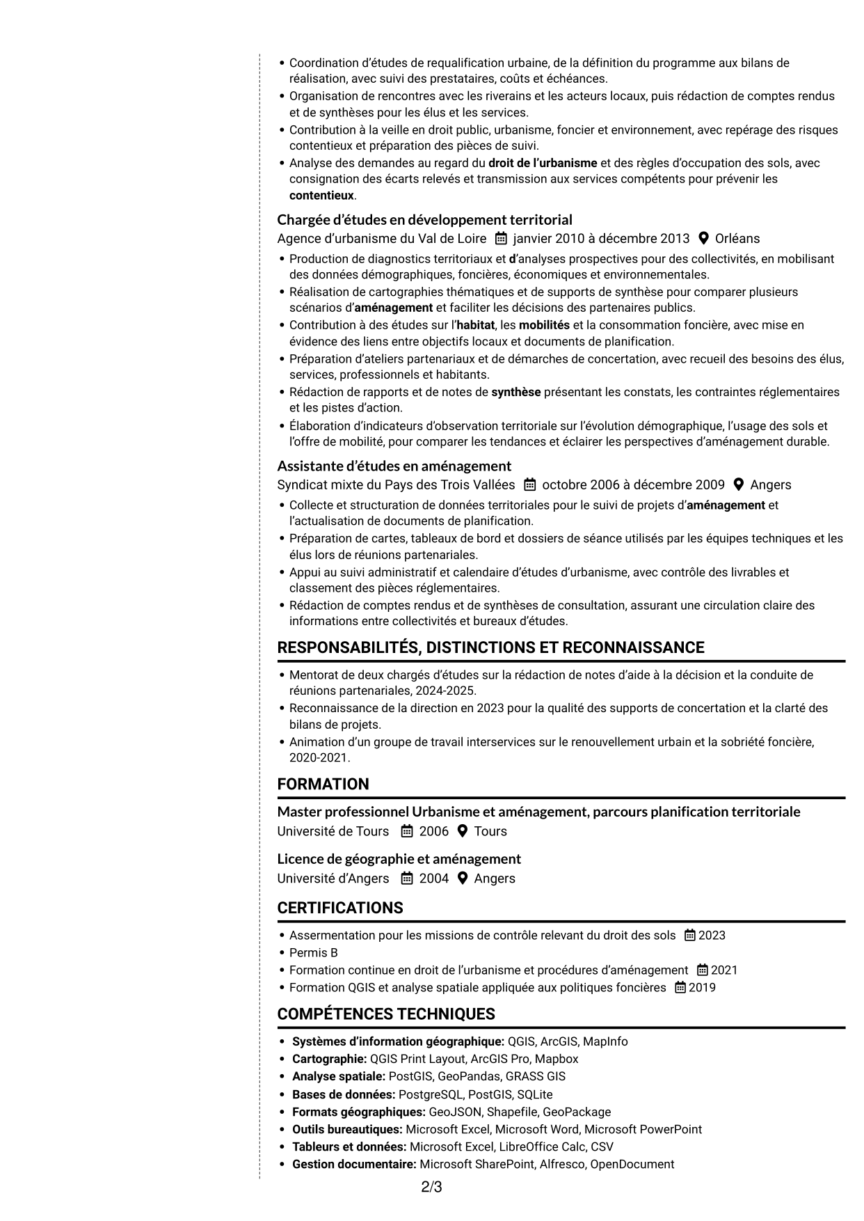 CV Moderne (format à deux colonnes avec photo à gauche et séparateur) : Responsable urbanisme - Aménagement durable et planification, page 2