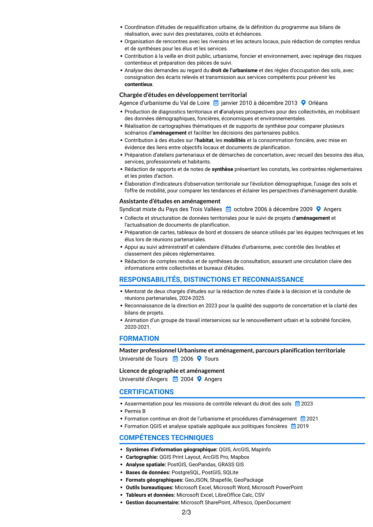 CV Audacieux (format à deux colonnes avec accents colorés et photo) : Responsable urbanisme - Aménagement durable et planification, page 2