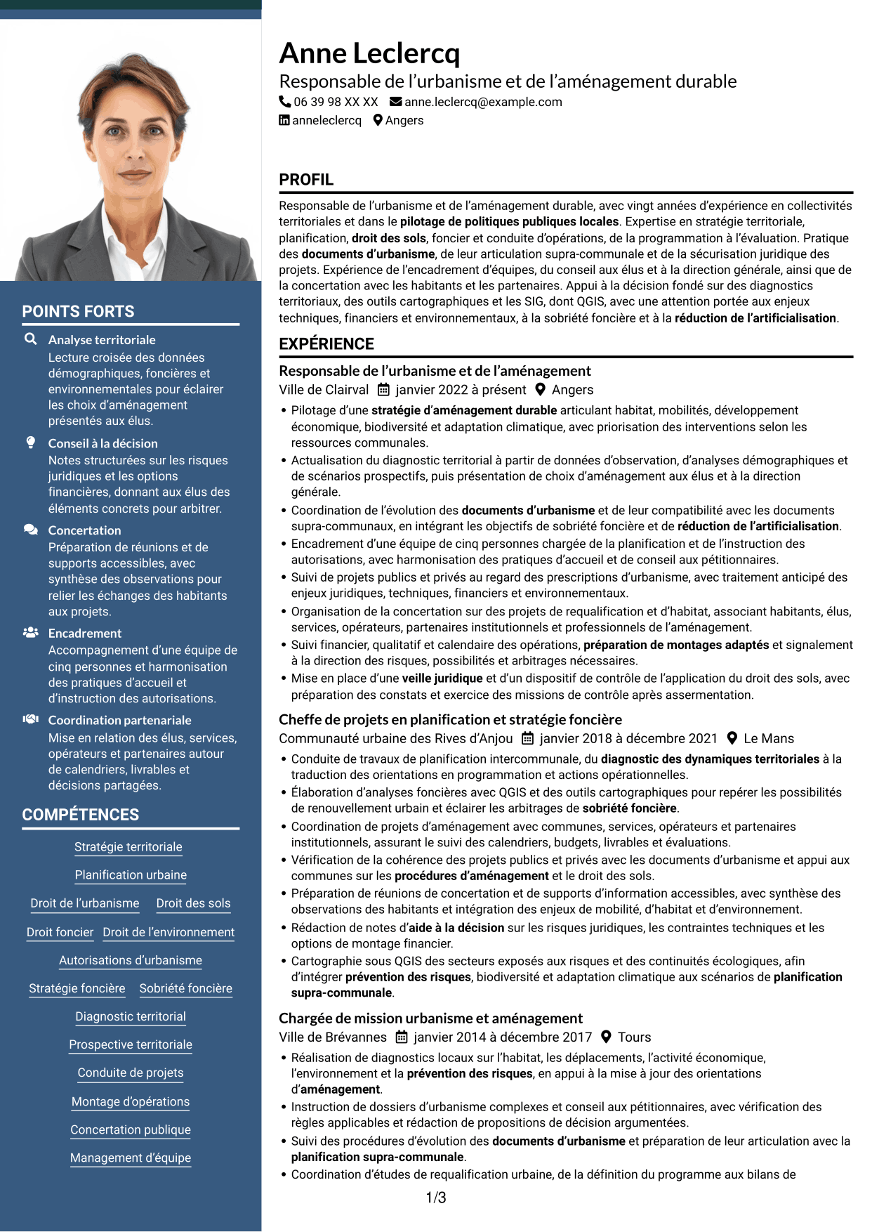 CV Signature (format à colonne latérale colorée avec grande photo) : Responsable urbanisme - Aménagement durable et planification, page 1