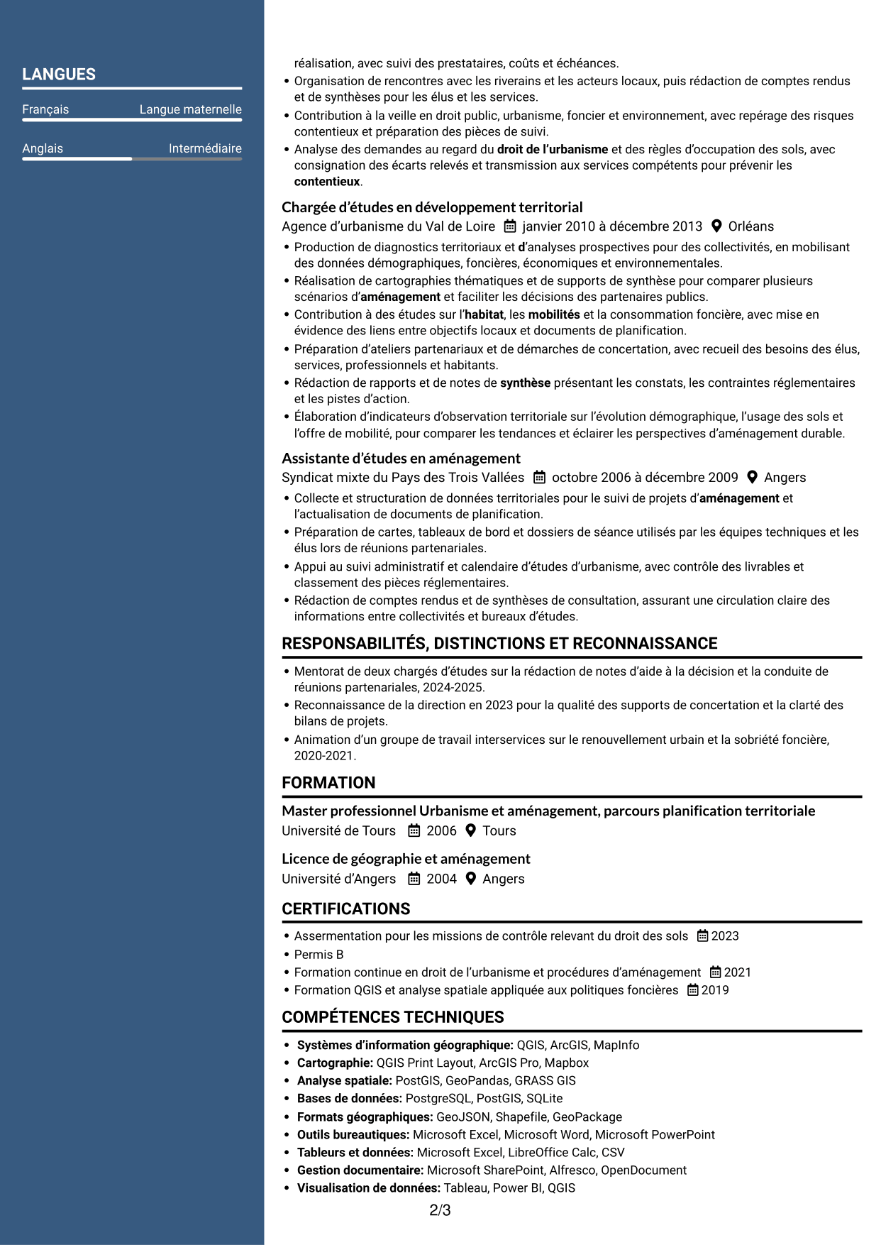 CV Signature (format à colonne latérale colorée avec grande photo) : Responsable urbanisme - Aménagement durable et planification, page 2