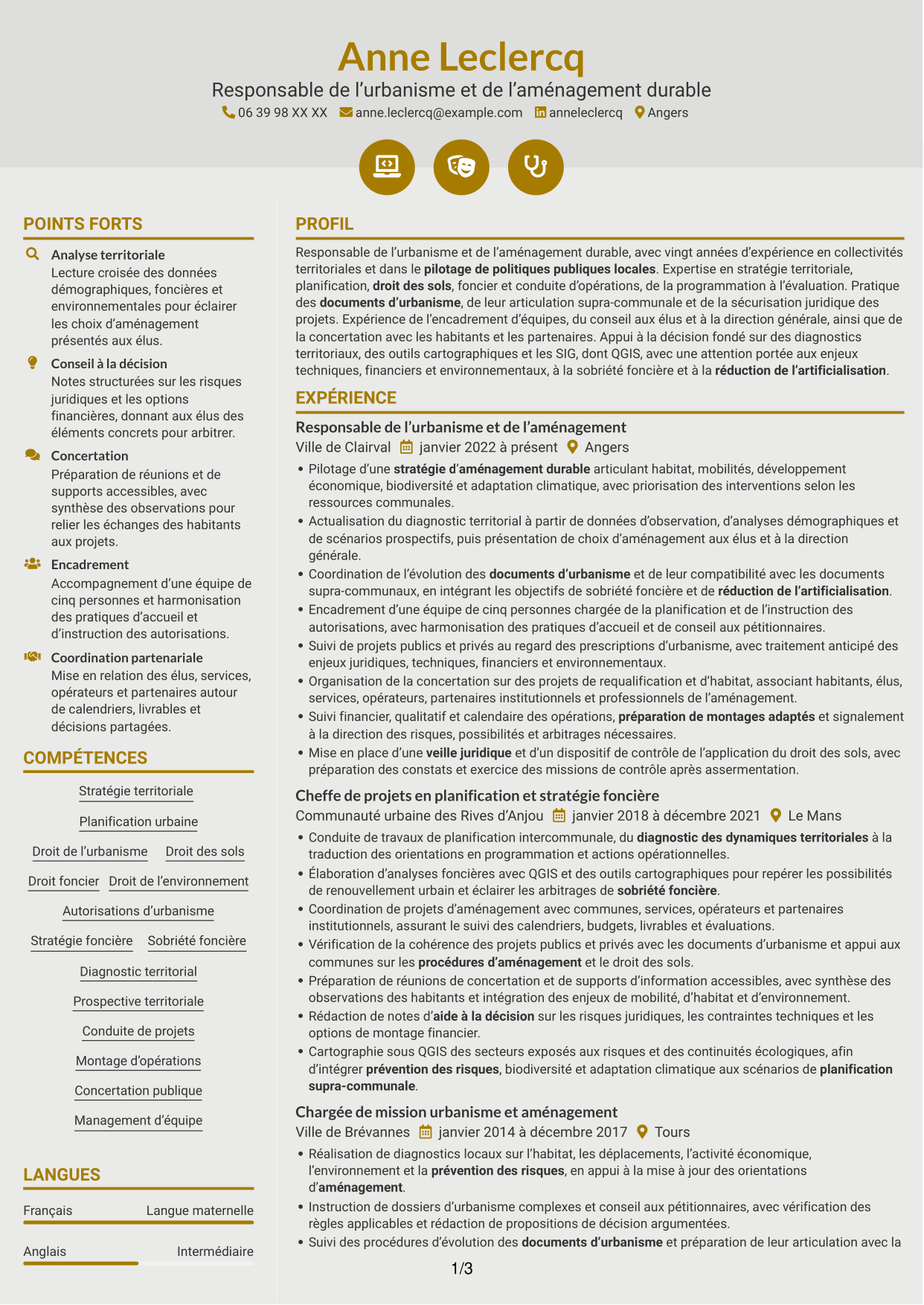 CV Dynamique (format à deux colonnes avec icônes) : Responsable urbanisme - Aménagement durable et planification, page 1