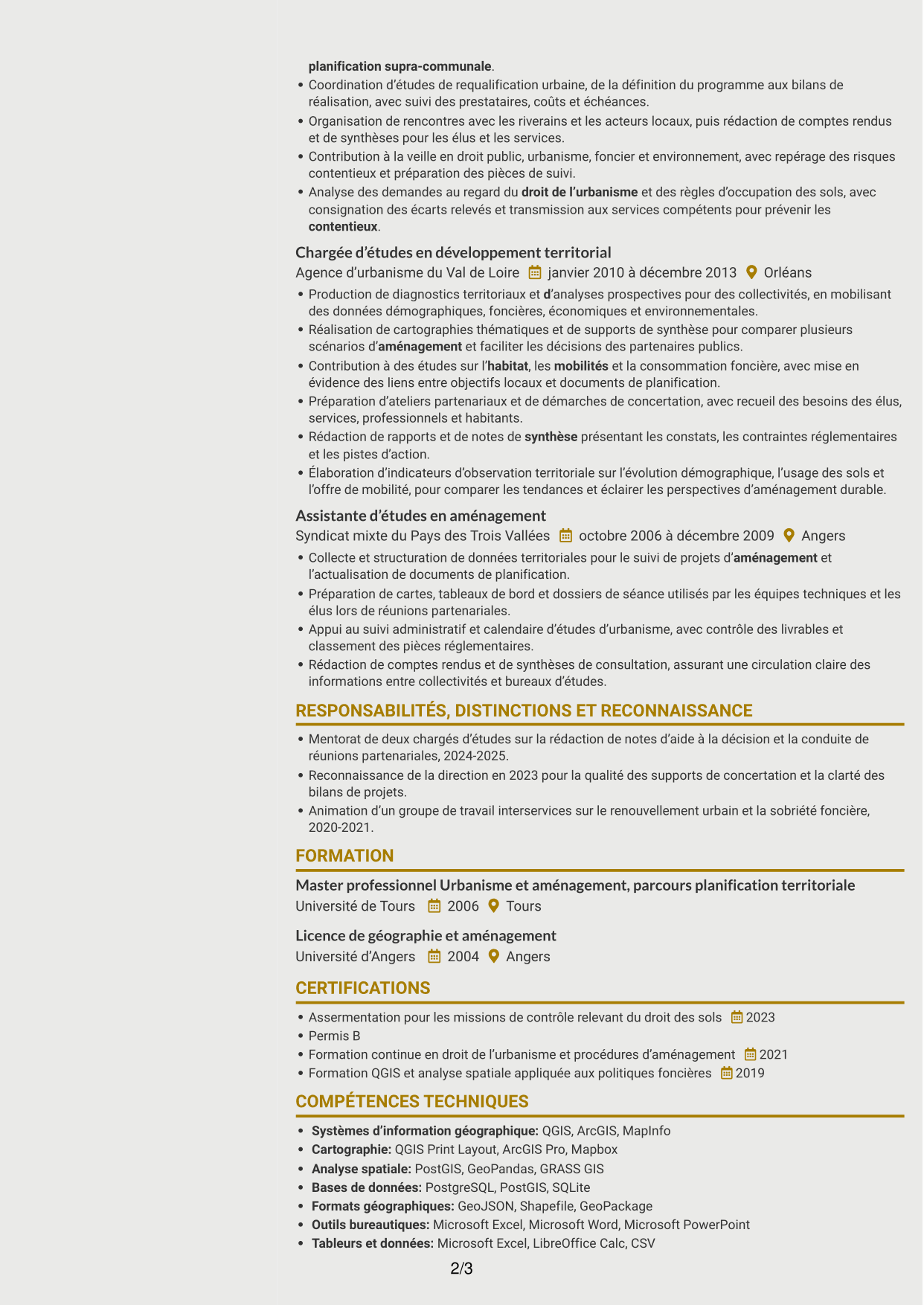 CV Dynamique (format à deux colonnes avec icônes) : Responsable urbanisme - Aménagement durable et planification, page 2