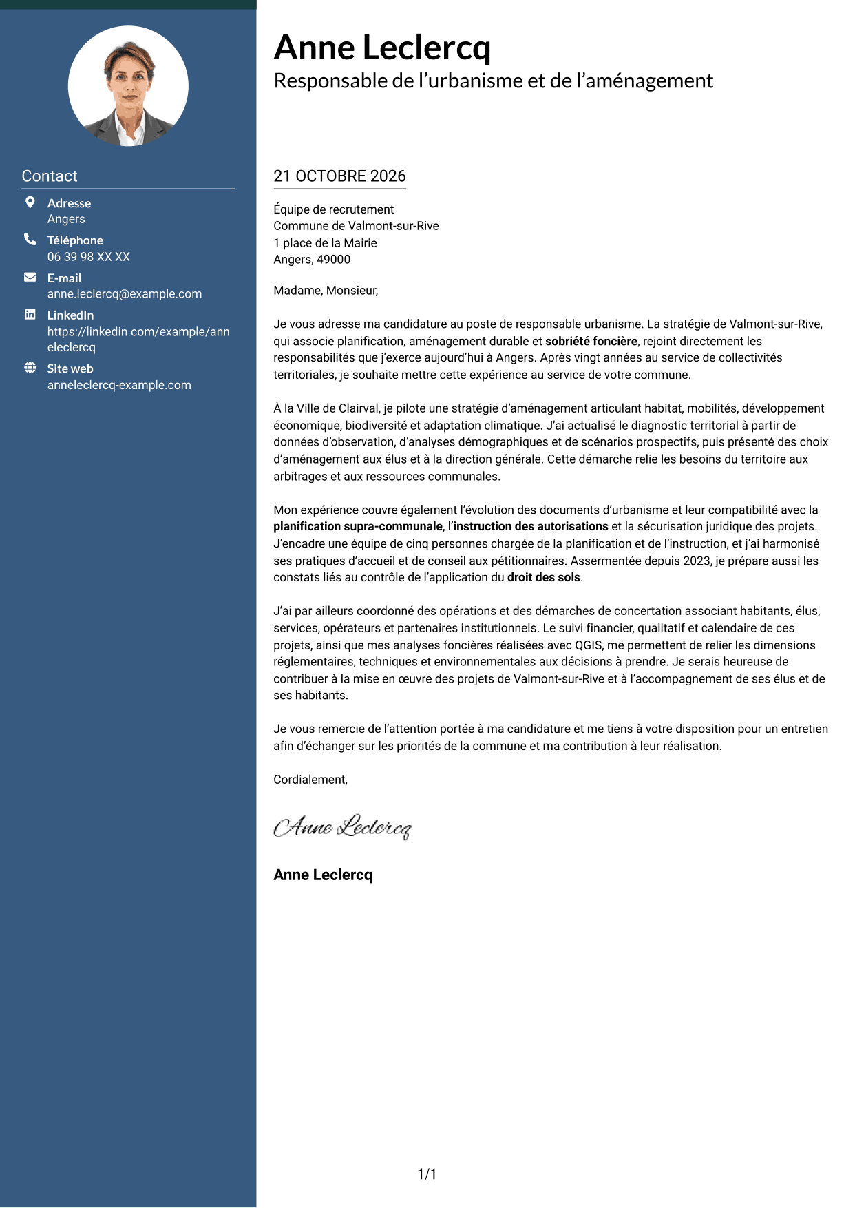 Lettre de motivation Élégant (format à colonne latérale colorée avec photo) : Responsable urbanisme - Aménagement durable et planification, page 1