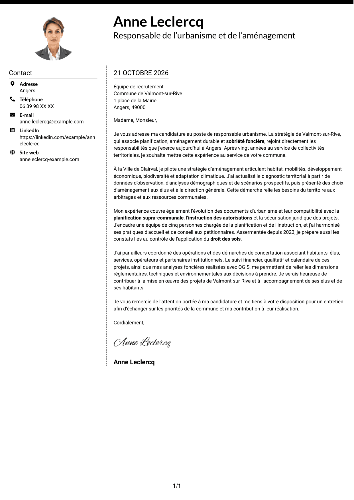 Lettre de motivation Moderne (format à deux colonnes avec photo à gauche et séparateur) : Responsable urbanisme - Aménagement durable et planification, page 1