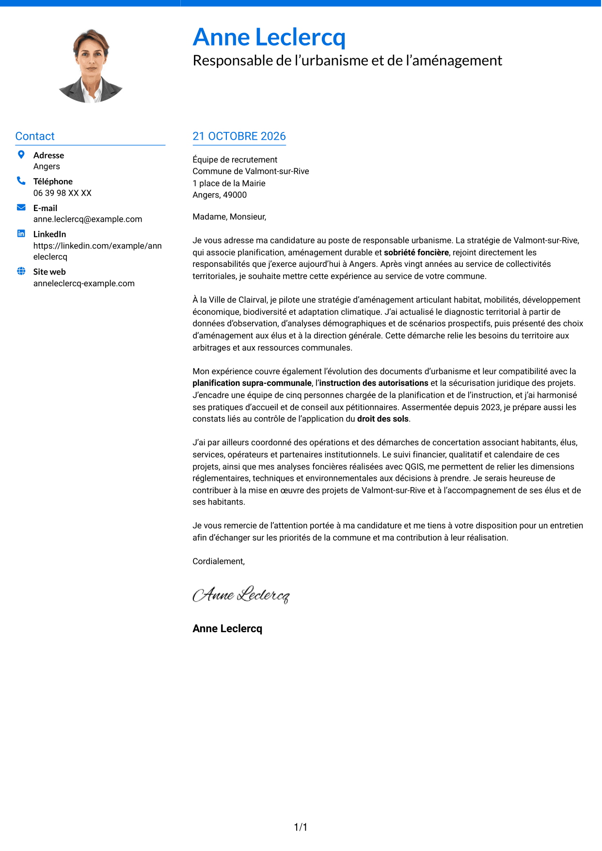 Lettre de motivation Audacieux (format à deux colonnes avec accents colorés et photo) : Responsable urbanisme - Aménagement durable et planification, page 1