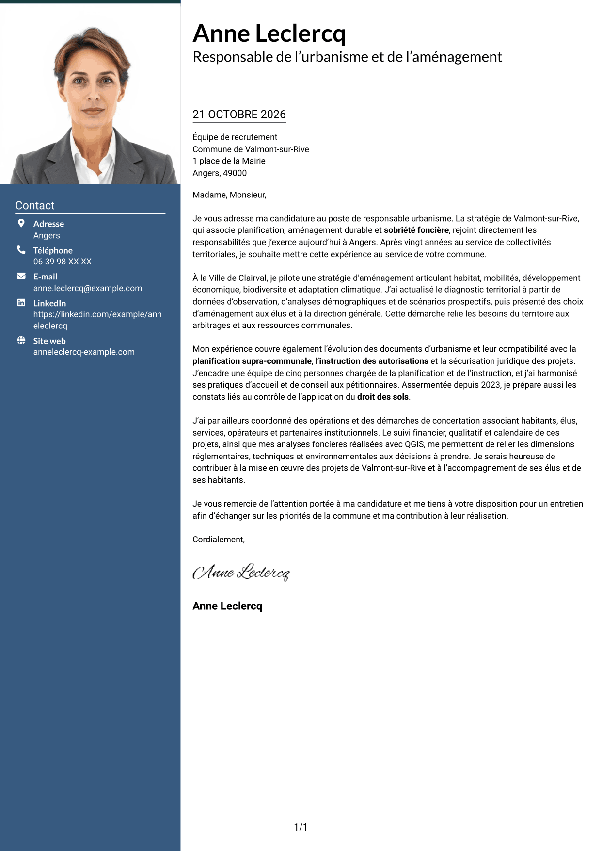 Lettre de motivation Signature (format à colonne latérale colorée avec grande photo) : Responsable urbanisme - Aménagement durable et planification, page 1