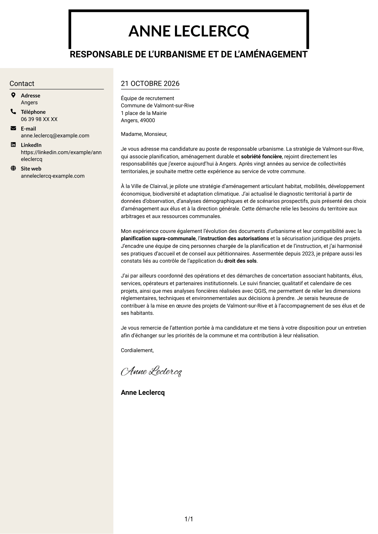 Lettre de motivation Fonceur (format à deux colonnes avec en-tête centré sans photo) : Responsable urbanisme - Aménagement durable et planification, page 1