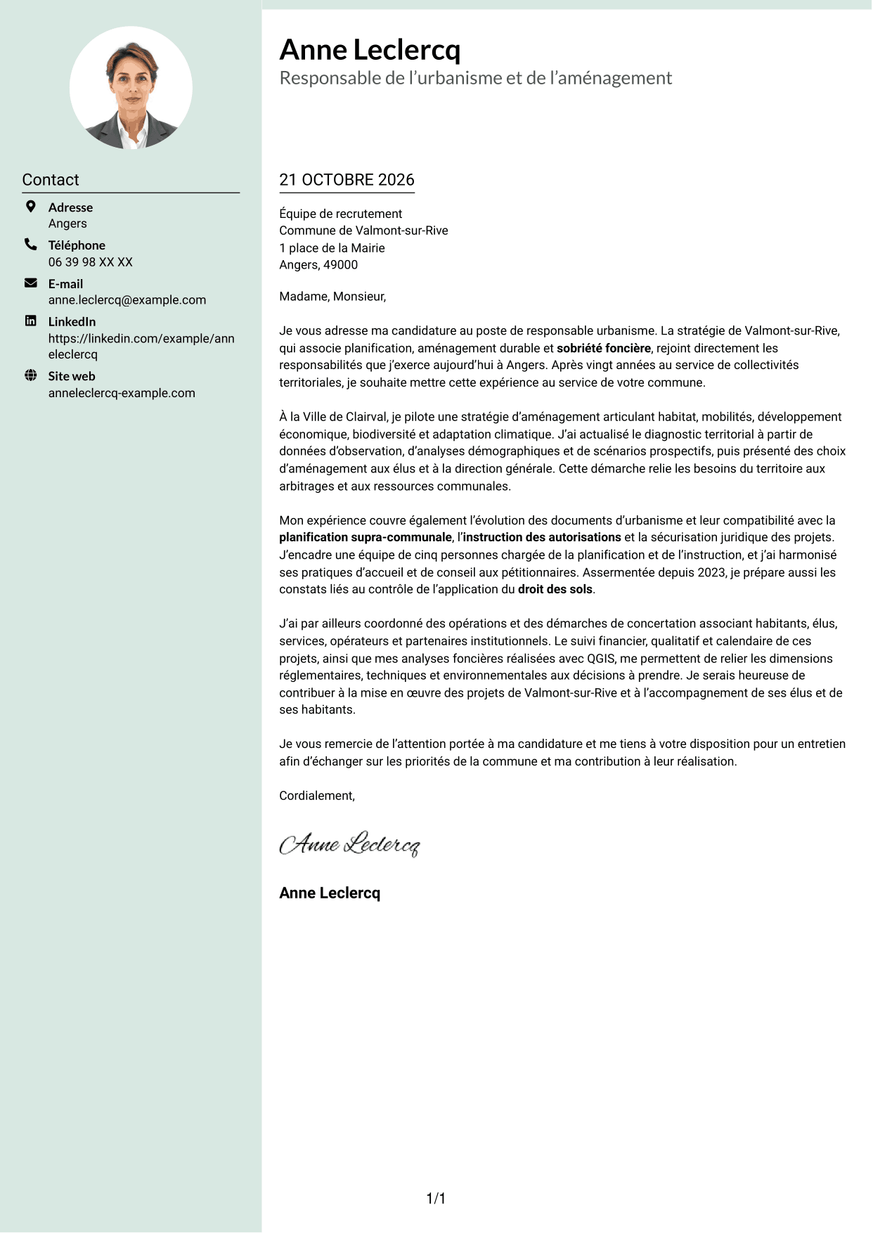 Lettre de motivation Cadre (format à colonne latérale douce avec photo arrondie) : Responsable urbanisme - Aménagement durable et planification, page 1