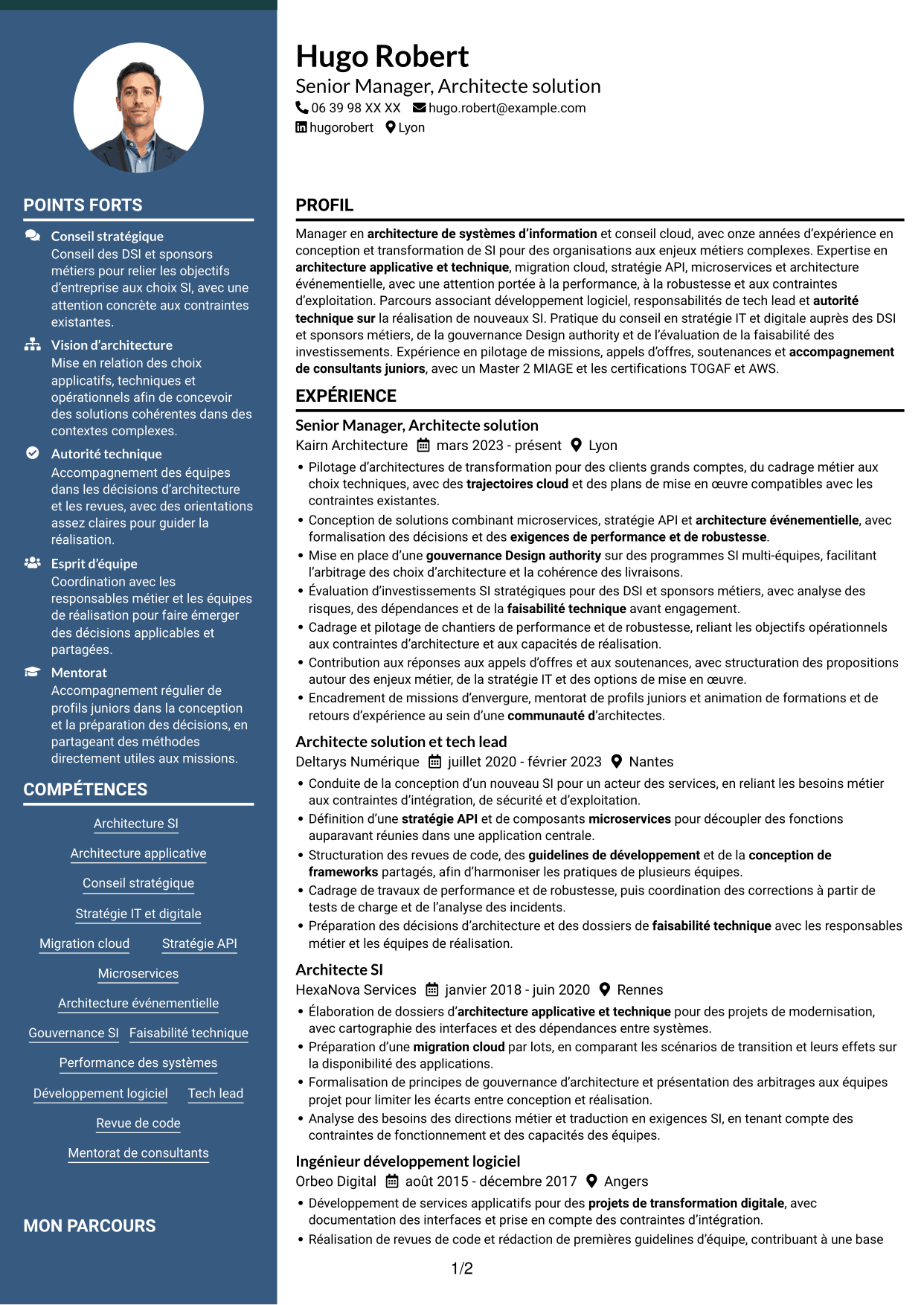 CV Élégant (format à colonne latérale colorée avec photo) : Senior Manager, Architecte solution - Cloud et conseil IT, page 1