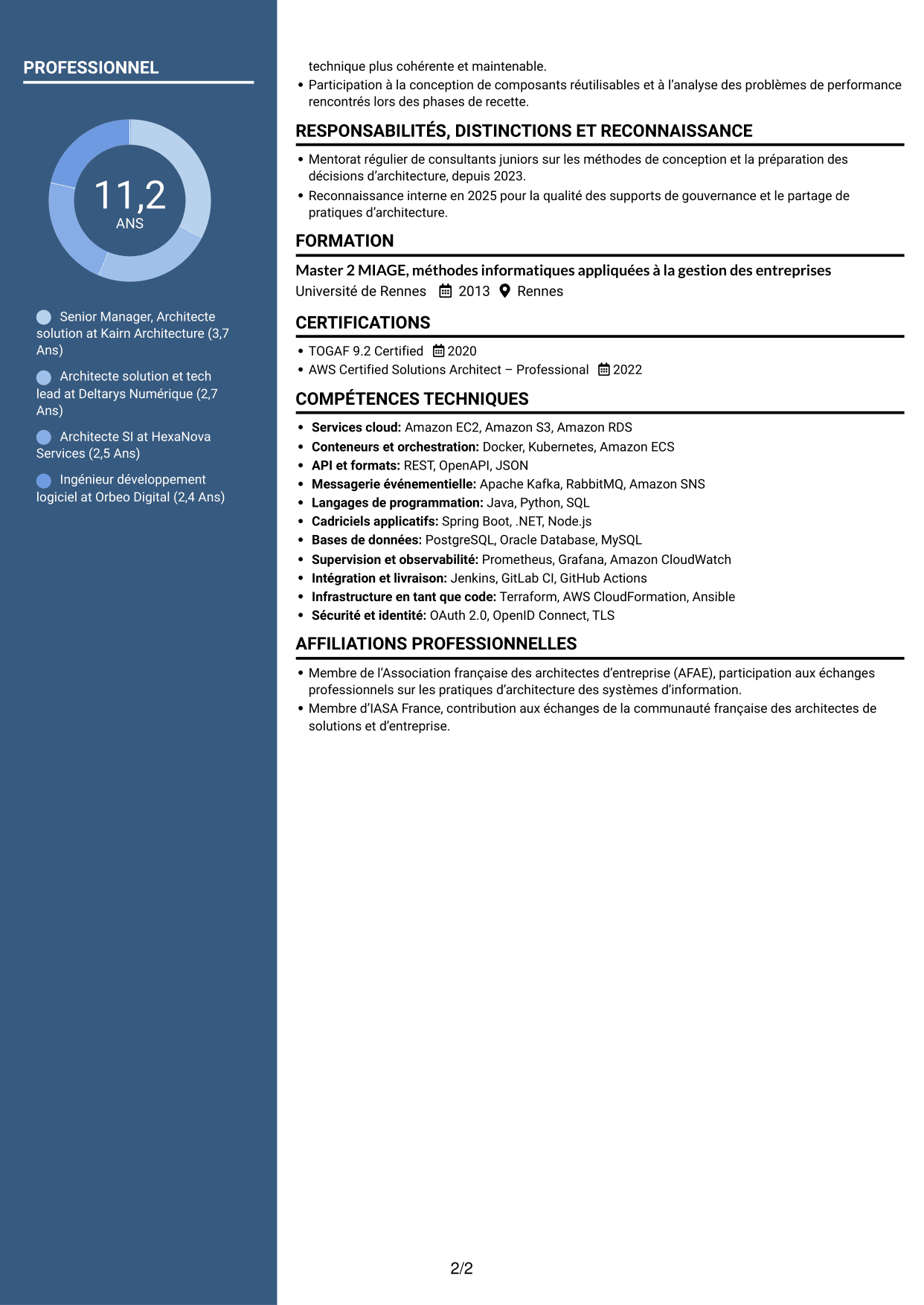 CV Élégant (format à colonne latérale colorée avec photo) : Senior Manager, Architecte solution - Cloud et conseil IT, page 2