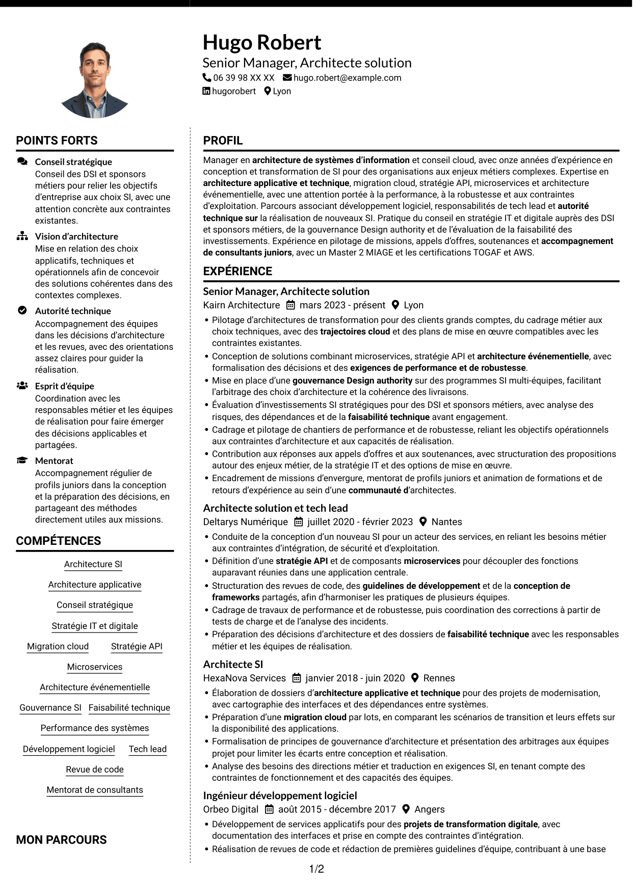 CV Moderne (format à deux colonnes avec photo à gauche et séparateur) : Senior Manager, Architecte solution - Cloud et conseil IT, page 1