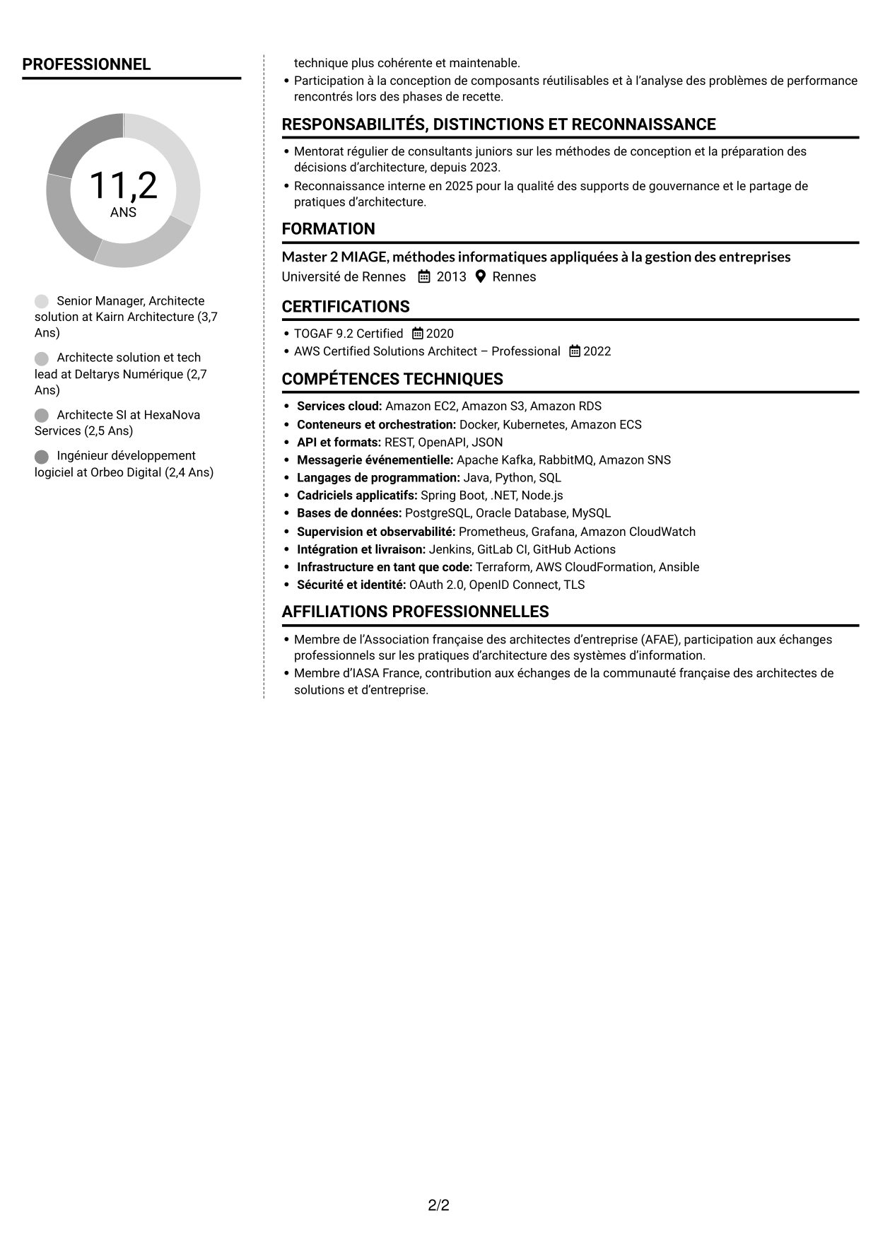CV Moderne (format à deux colonnes avec photo à gauche et séparateur) : Senior Manager, Architecte solution - Cloud et conseil IT, page 2