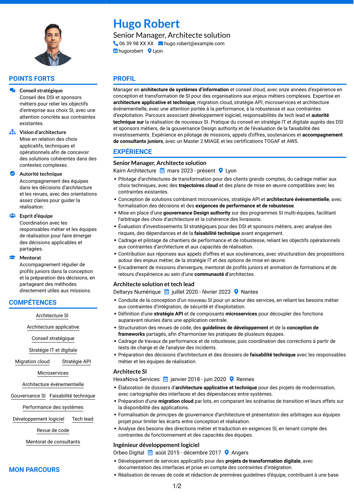 CV Audacieux (format à deux colonnes avec accents colorés et photo) : Senior Manager, Architecte solution - Cloud et conseil IT, page 1