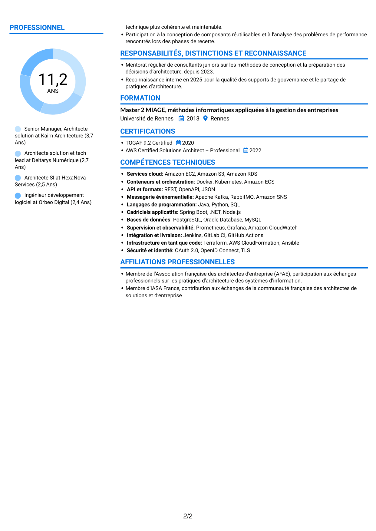CV Audacieux (format à deux colonnes avec accents colorés et photo) : Senior Manager, Architecte solution - Cloud et conseil IT, page 2