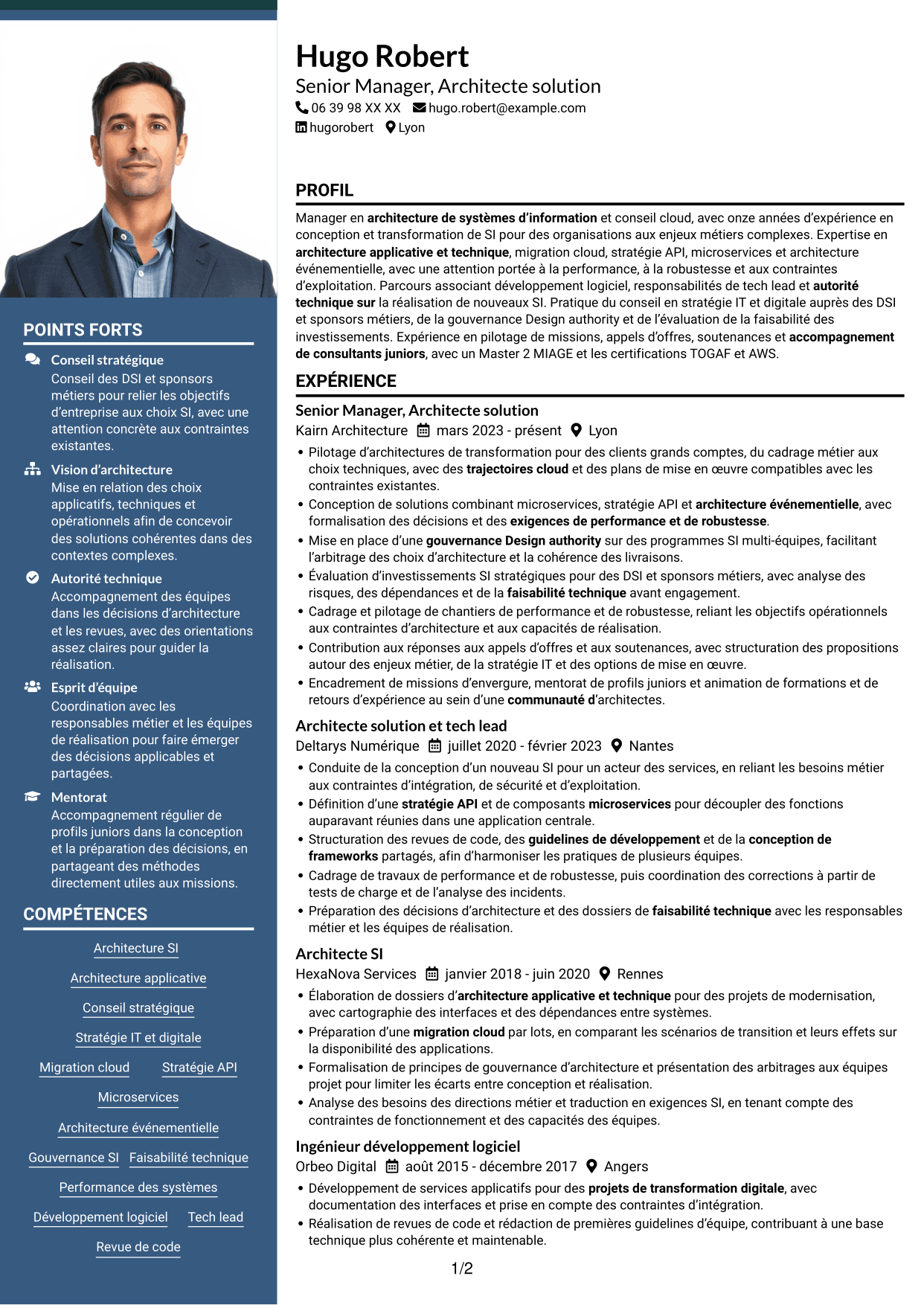 CV Signature (format à colonne latérale colorée avec grande photo) : Senior Manager, Architecte solution - Cloud et conseil IT, page 1