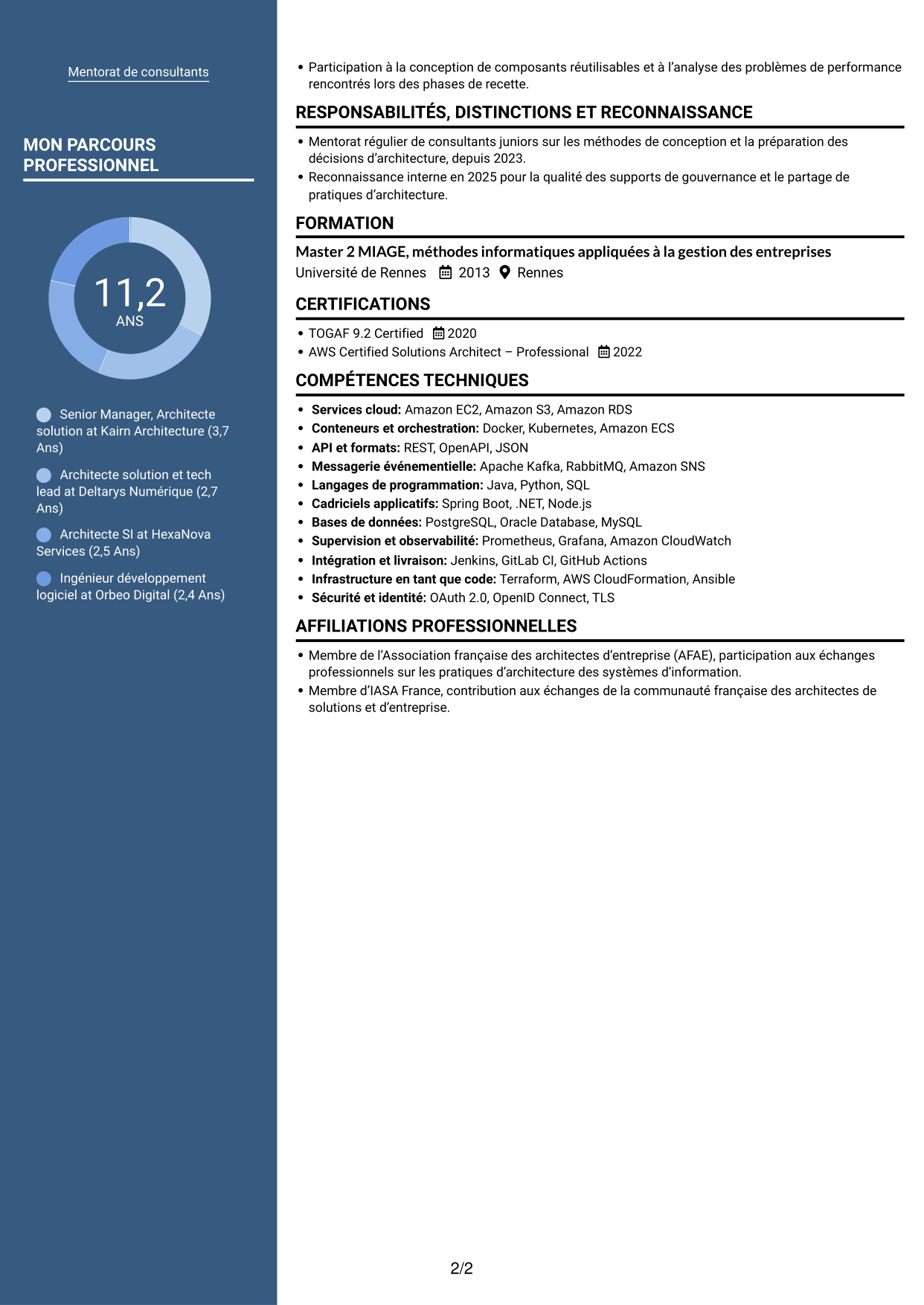 CV Signature (format à colonne latérale colorée avec grande photo) : Senior Manager, Architecte solution - Cloud et conseil IT, page 2