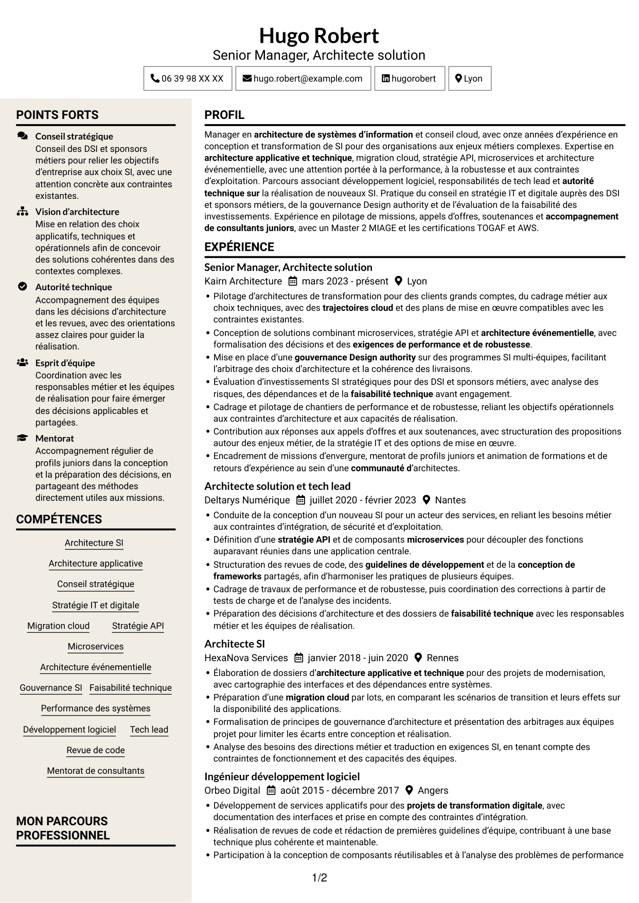 CV Fonceur (format à deux colonnes avec en-tête centré sans photo) : Senior Manager, Architecte solution - Cloud et conseil IT, page 1