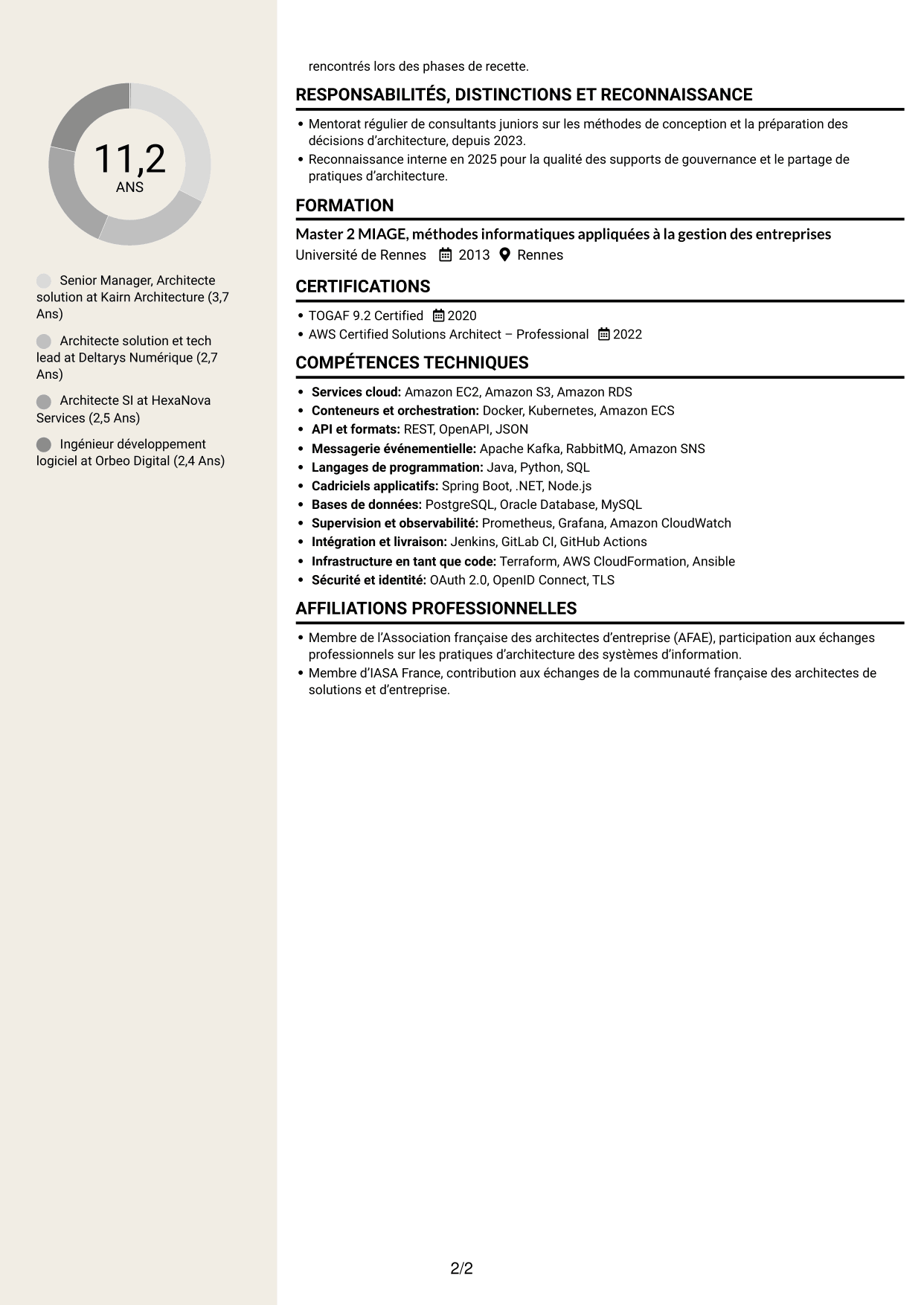 CV Fonceur (format à deux colonnes avec en-tête centré sans photo) : Senior Manager, Architecte solution - Cloud et conseil IT, page 2