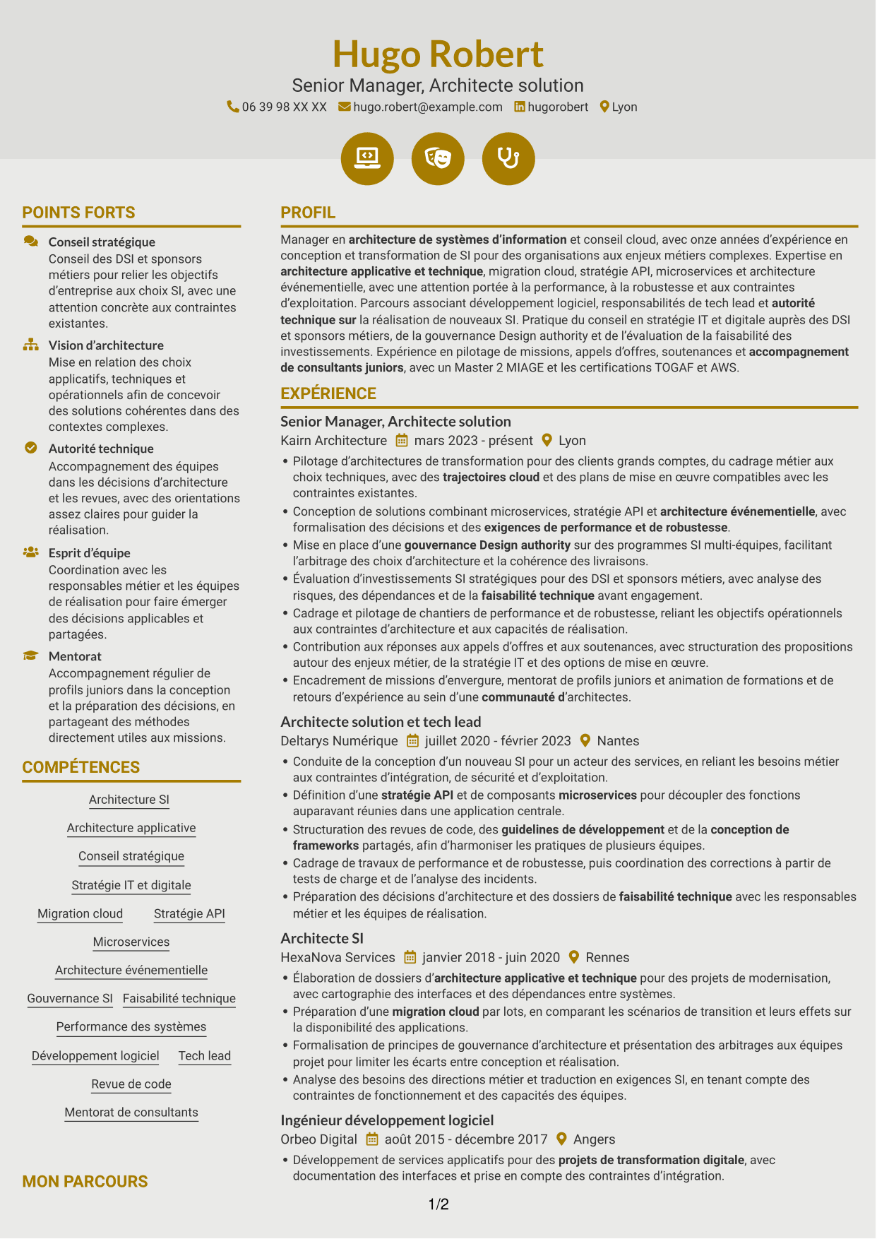 CV Dynamique (format à deux colonnes avec icônes) : Senior Manager, Architecte solution - Cloud et conseil IT, page 1