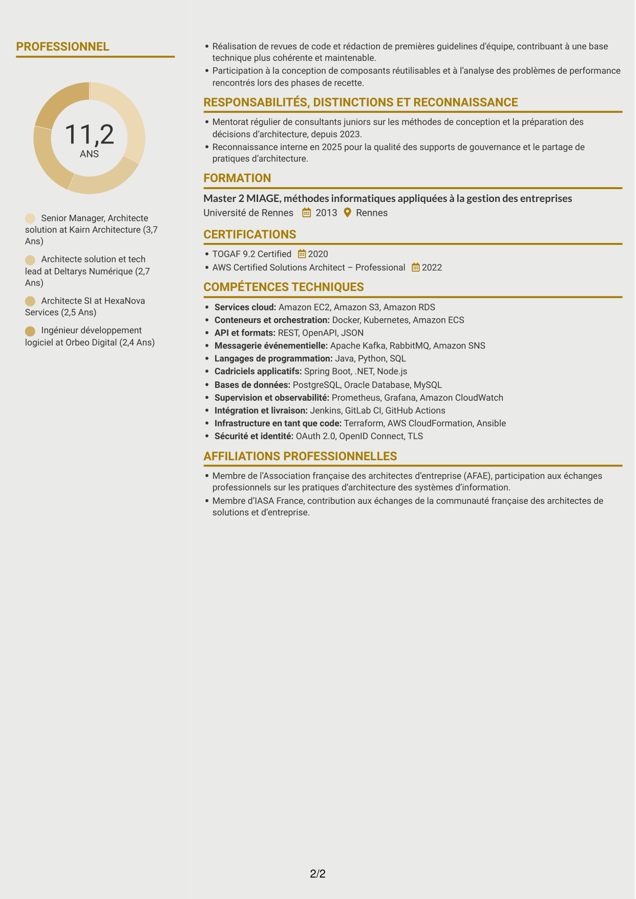 CV Dynamique (format à deux colonnes avec icônes) : Senior Manager, Architecte solution - Cloud et conseil IT, page 2