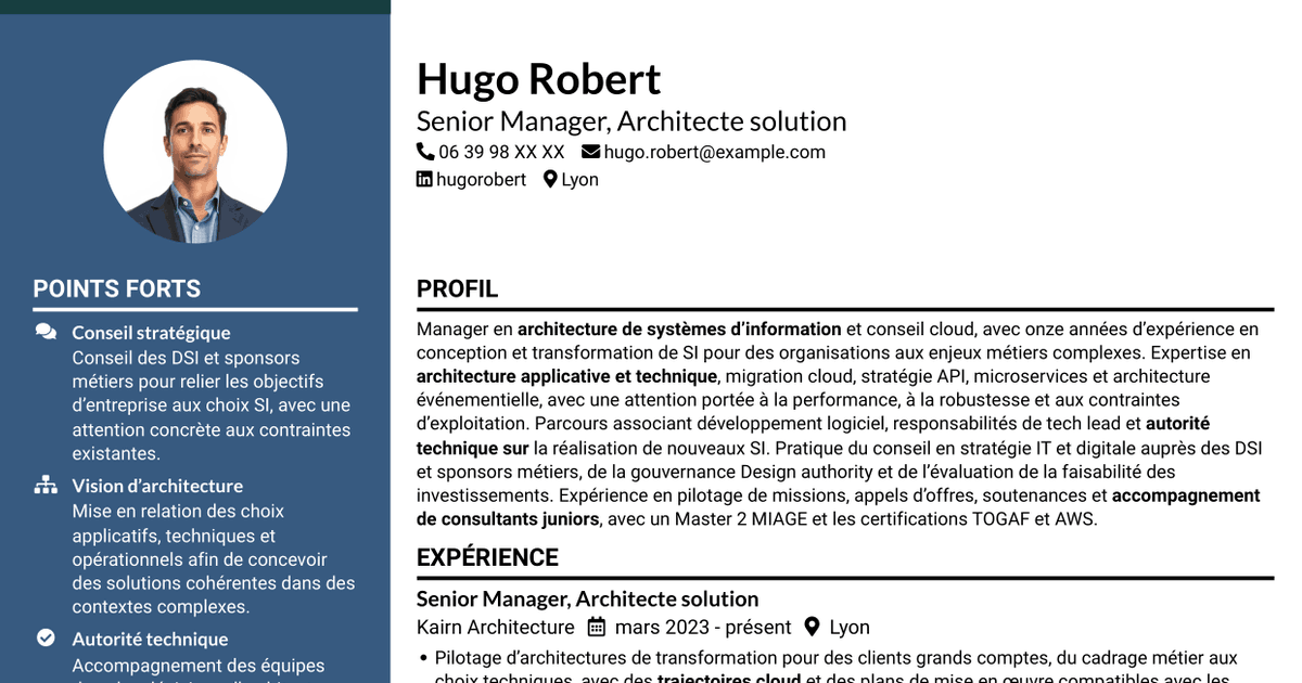 7 modèles de CV pour Senior Manager, Architecte solution - Cloud et conseil IT, avec exemples