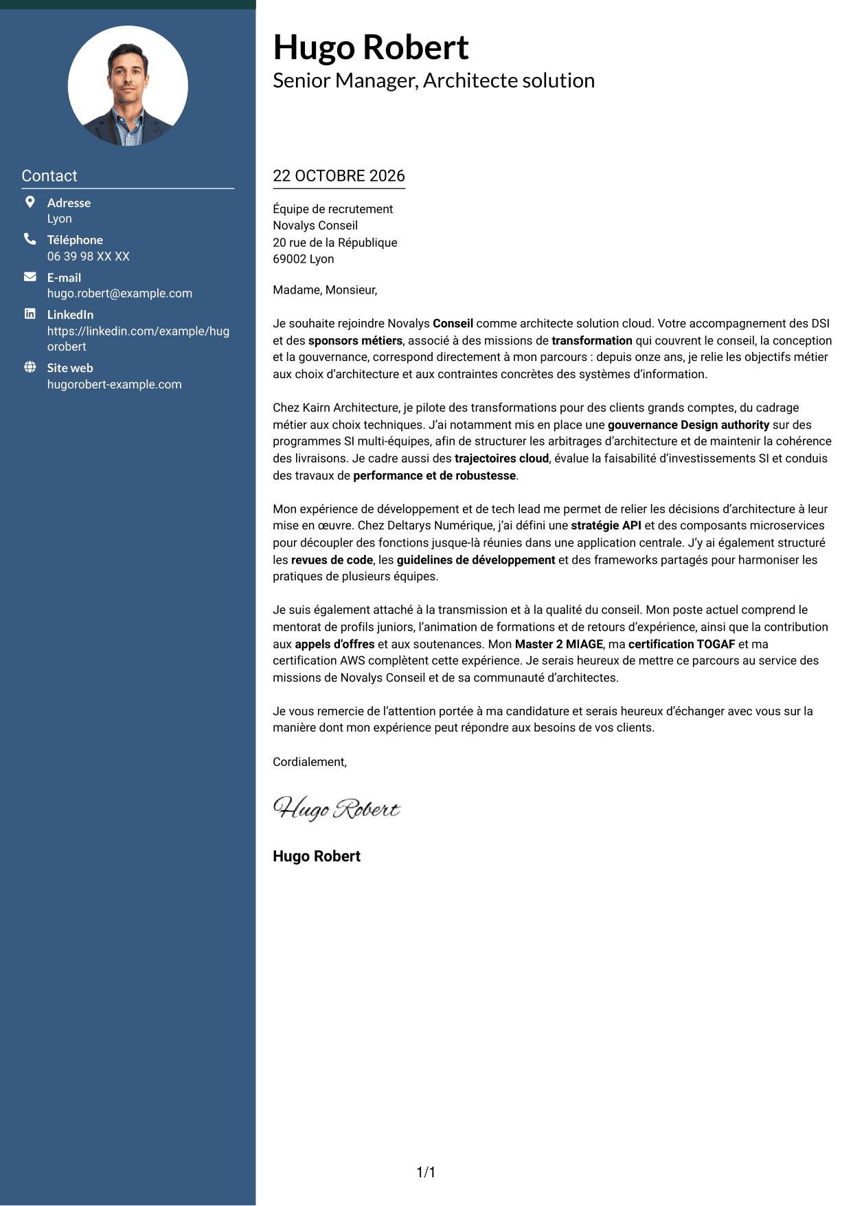 Lettre de motivation Élégant (format à colonne latérale colorée avec photo) : Senior Manager, Architecte solution - Cloud et conseil IT, page 1