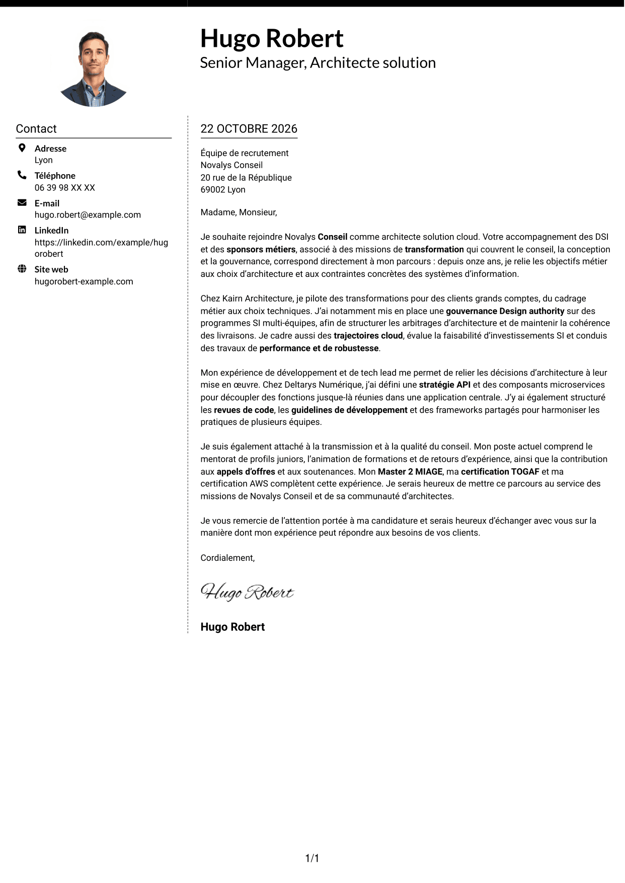 Lettre de motivation Moderne (format à deux colonnes avec photo à gauche et séparateur) : Senior Manager, Architecte solution - Cloud et conseil IT, page 1