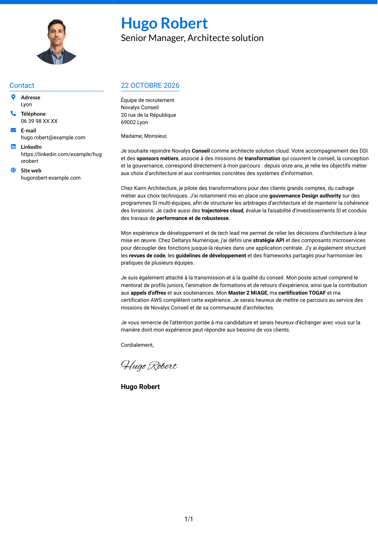 Lettre de motivation Audacieux (format à deux colonnes avec accents colorés et photo) : Senior Manager, Architecte solution - Cloud et conseil IT, page 1