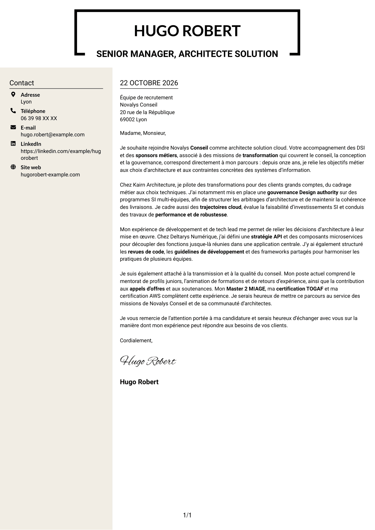 Lettre de motivation Fonceur (format à deux colonnes avec en-tête centré sans photo) : Senior Manager, Architecte solution - Cloud et conseil IT, page 1